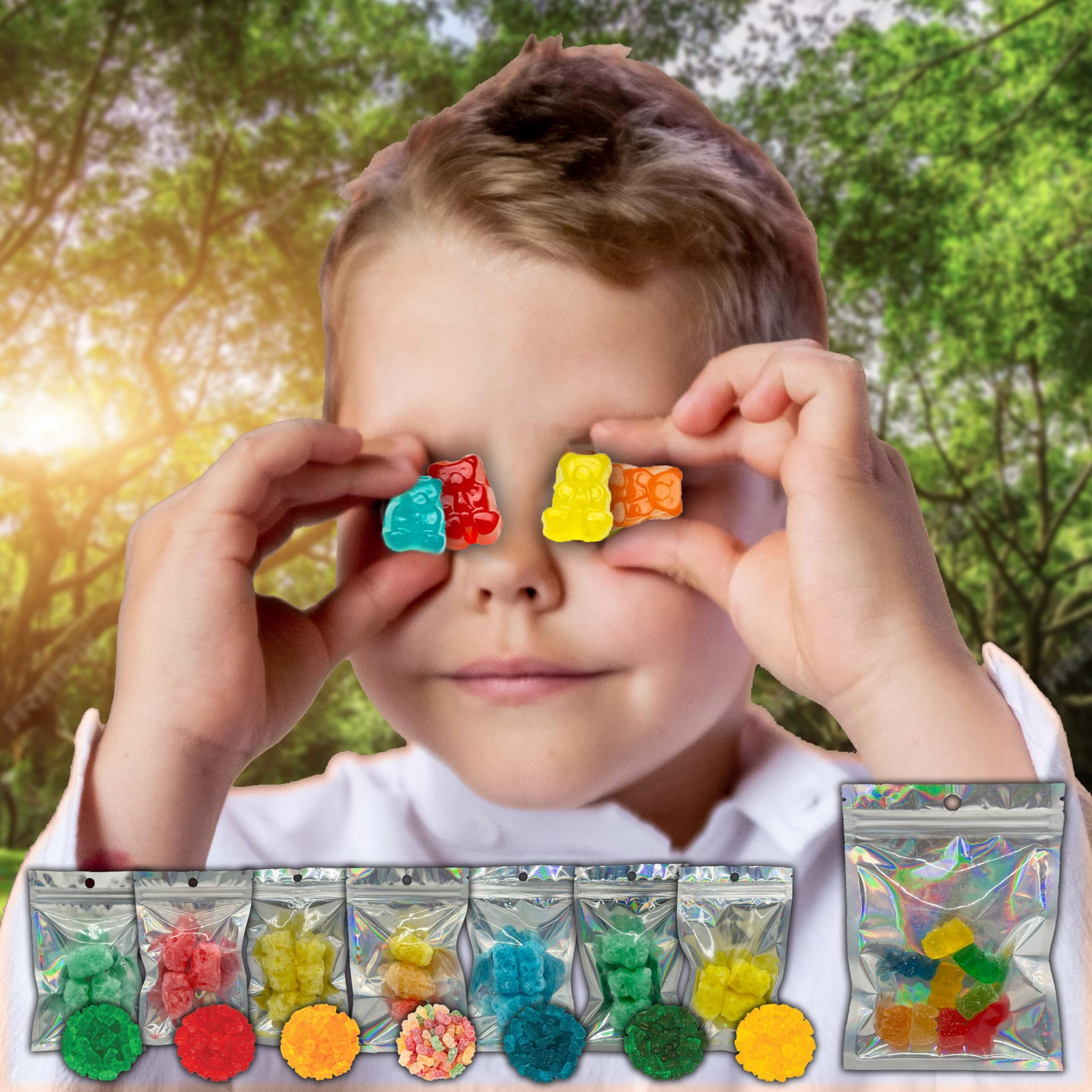 Fun Flavors Box-Gummy Bears Freeze Dried Candy 7 Bag Sampler Variety Pack Gift Box with Before and After Gummies