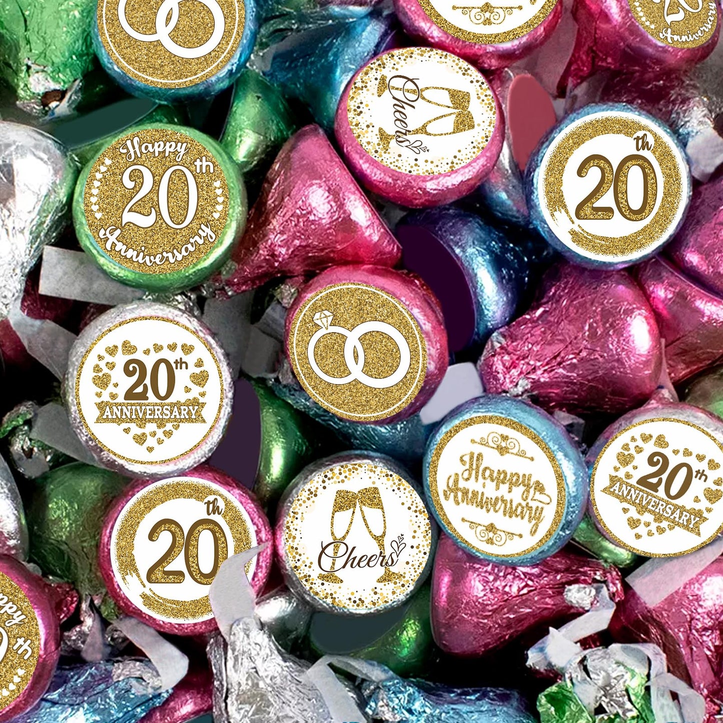 Gold 20th Anniversary Chocolate Kiss Stickers,180 Count, 0.75" Chocolate Drop Labels for Kisses, 20th Wedding Anniversary Party Favors Labels