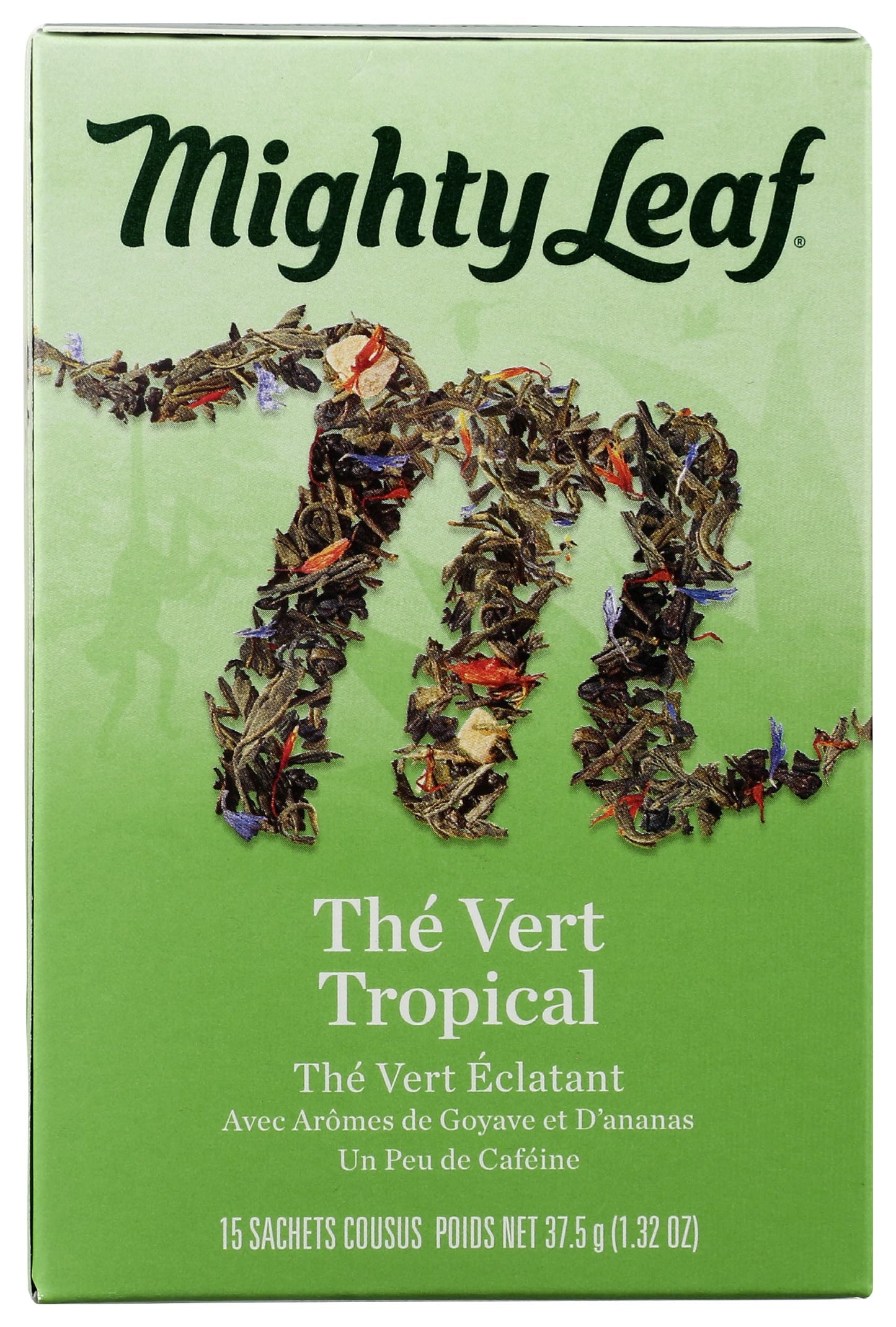 Mighty Leaf Tea, Green Whole Leaf Tea Bags - Green Tea Tropical - Light Caffeine - Blended with Pineapple, Guava & Tropical Fruit Flavors - 15 Count