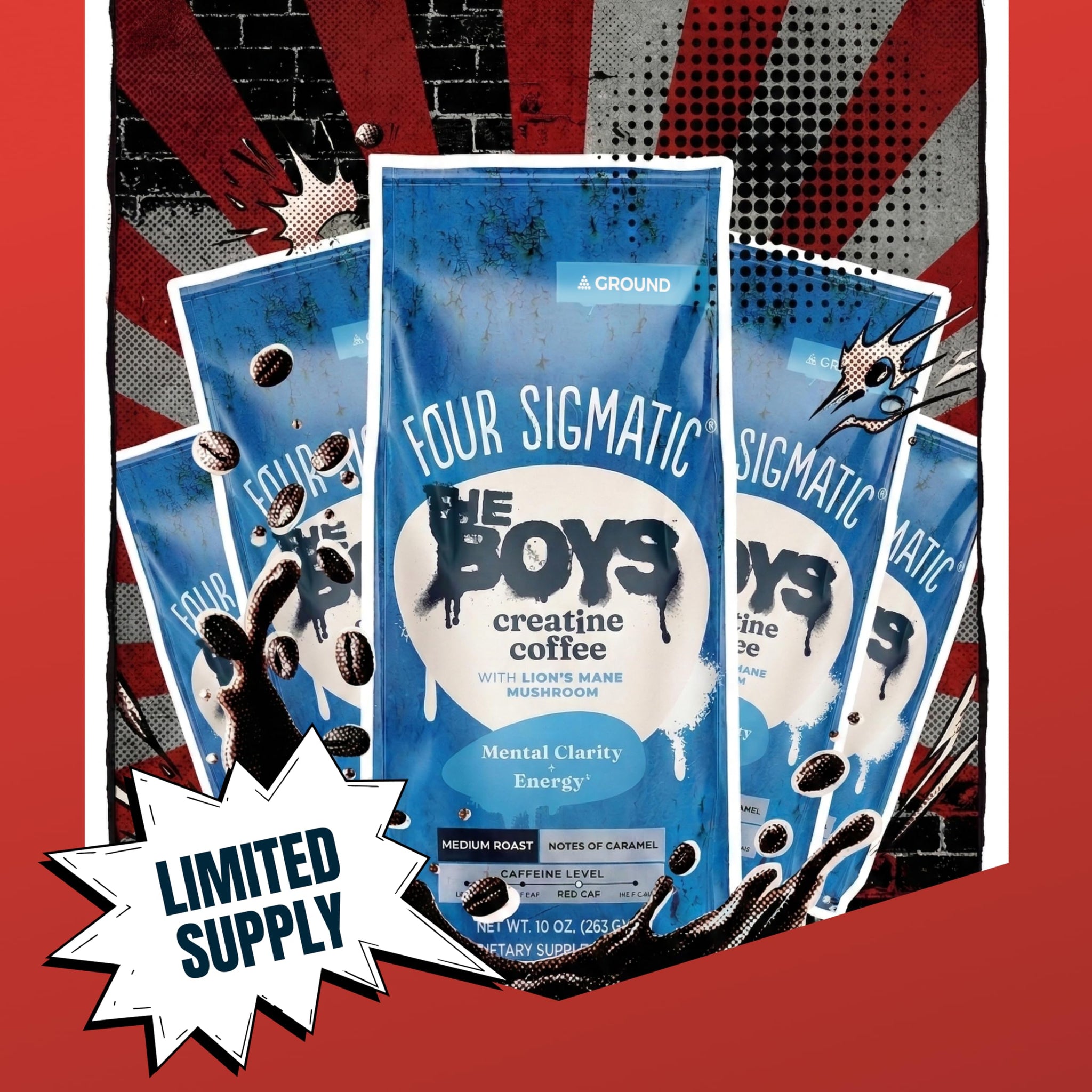 Four Sigmatic THE BOYS Creatine Coffee with Lion’s Mane Mushroom - Medium Roast Ground Coffee with 5g Creatine Monohydrate - Energy & Mental Clarity