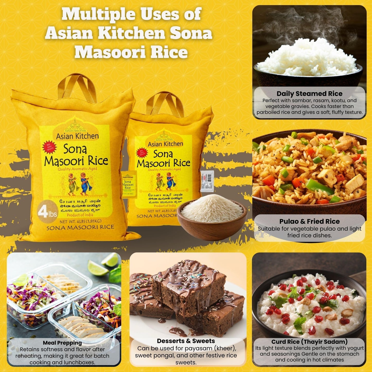 Asian Kitchen White Sona Masoori Aged Rice 4-Pound Bag, 4lbs (1.81kg) Short Grain Rice ~ All Natural | Gluten Friendly | Vegan | Indian Origin |