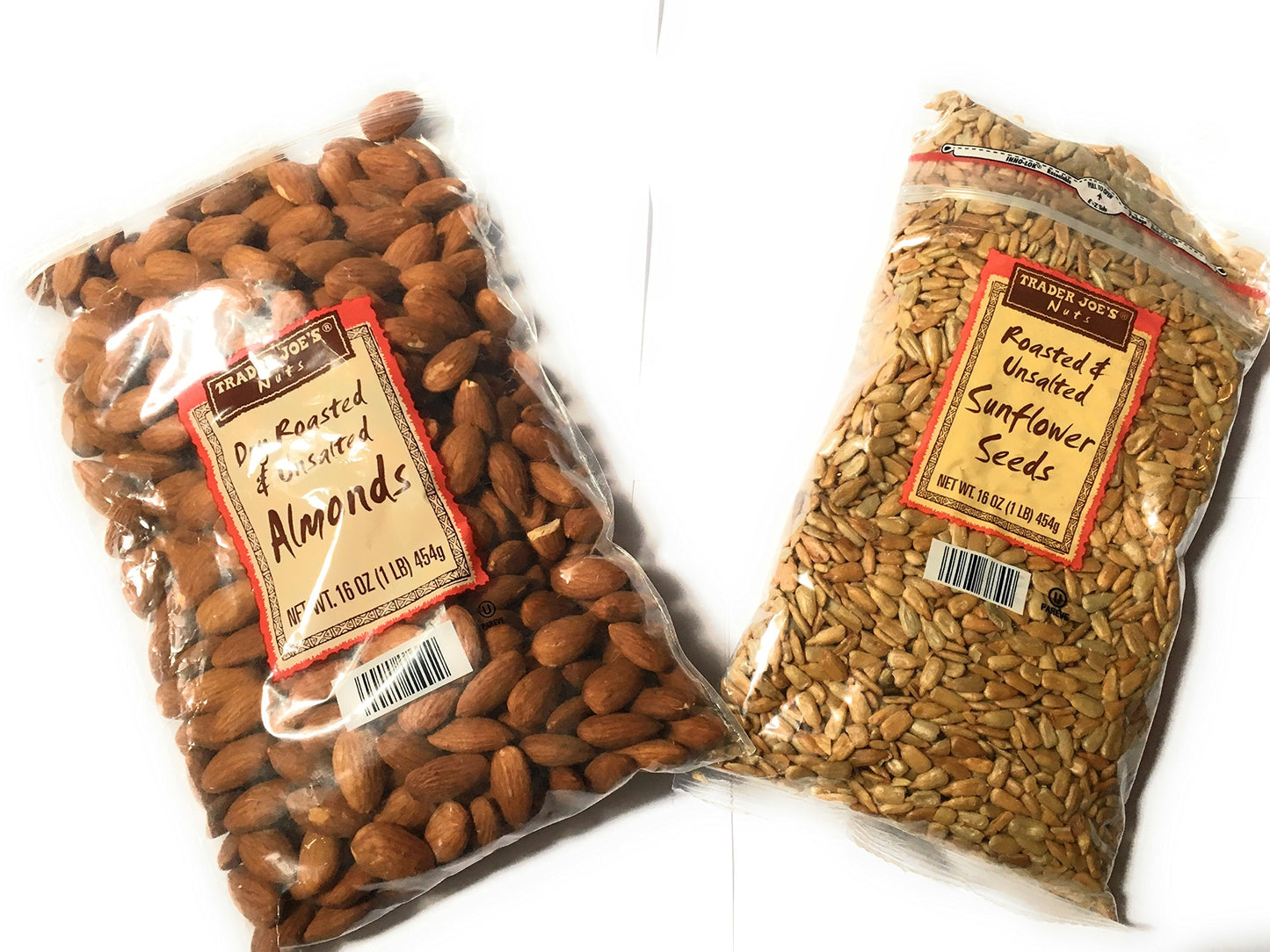 Trader Joes Nut Bundle Featuring 1 Pack of California Dry Roasted Unsalted Almonds and 1 Package of Hulled Roasted Unsalted Sunflower Seeds - A
