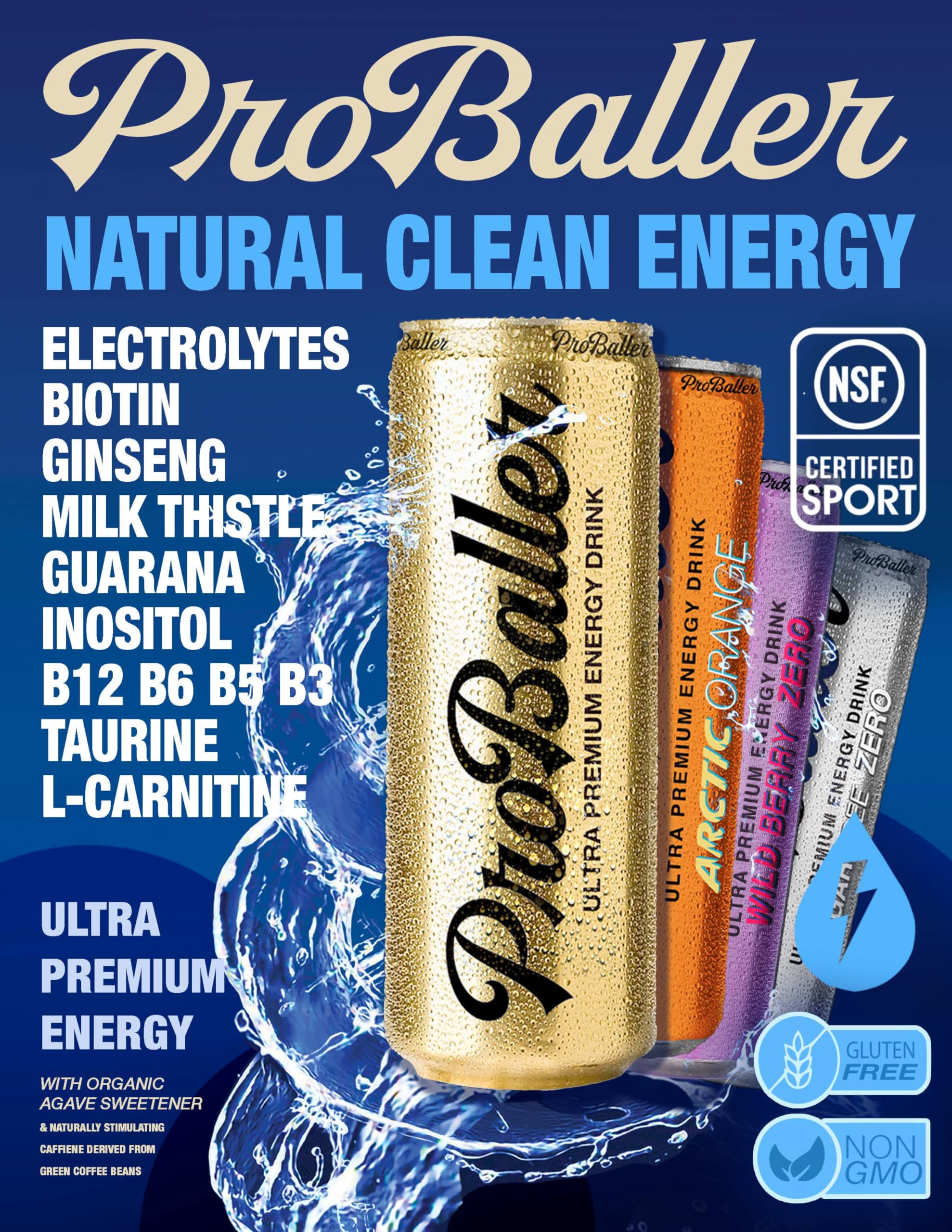 ProBaller Clean Energy Drink - Athlete-Grade Energy for Focus & Performance, Sweetened with Organic Agave, NSF Certified for Sport, Natural Caffeine