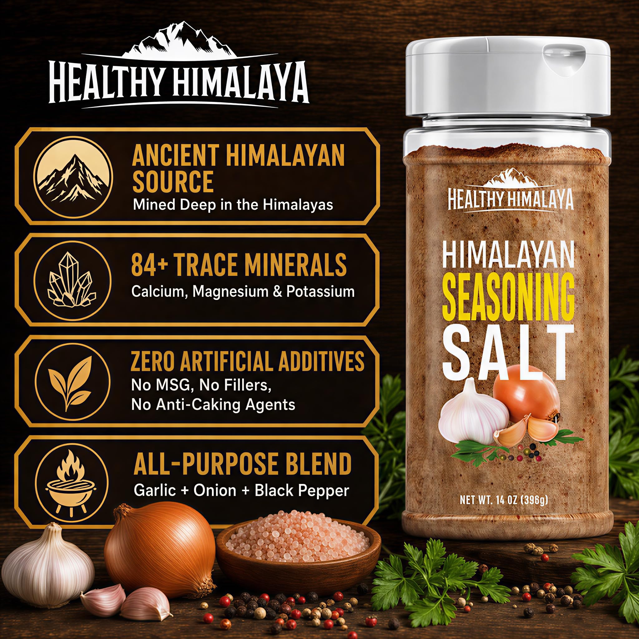 Himalayan Seasoning Salt with Pepper, Garlic, and Onion - Natural Himalayan Pink Salt for Grilling, Cooking, and Finishing - 14 oz Shaker, Healthy