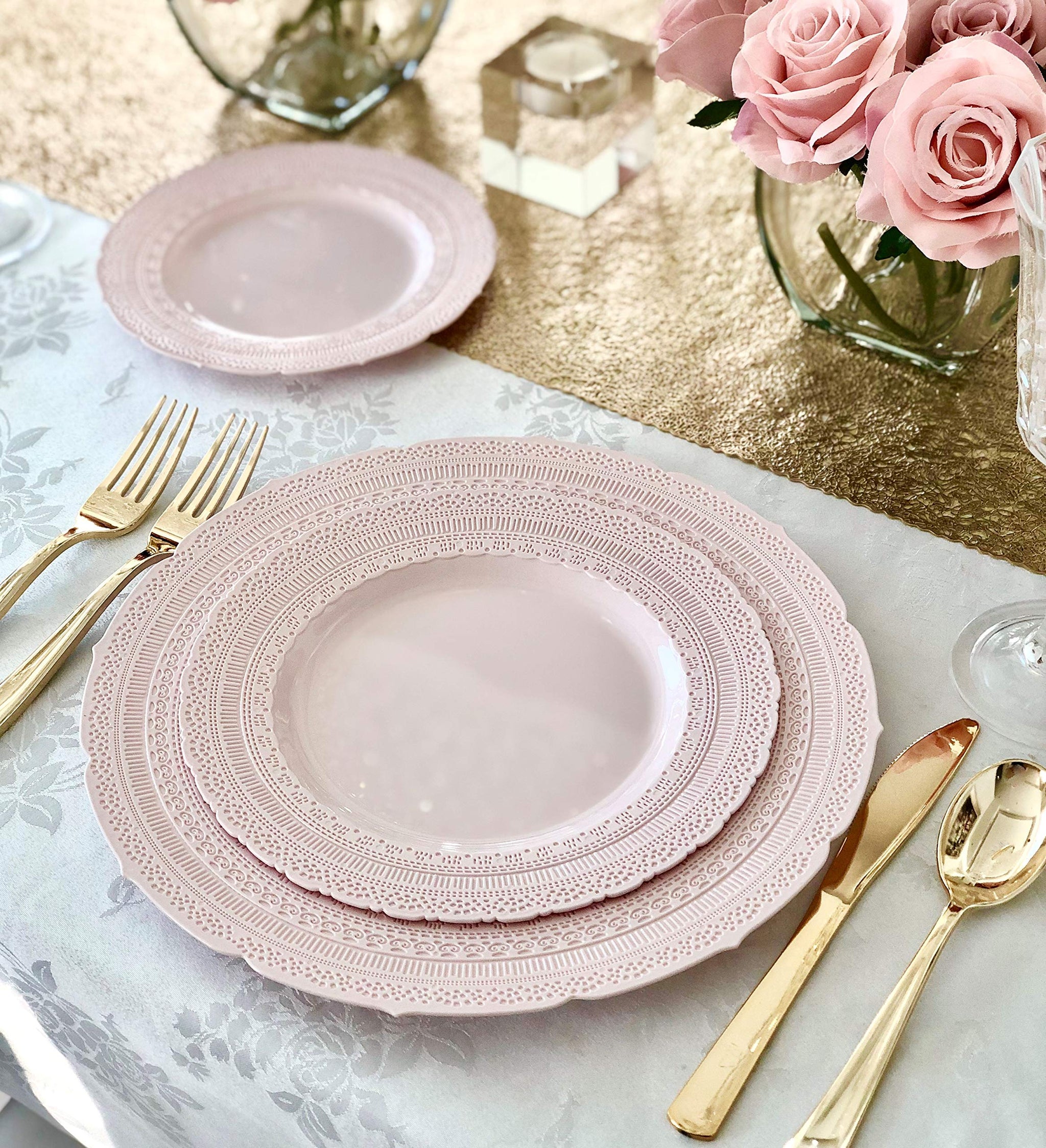 " OCCASIONS " 60 Plates Pack, Extra Heavyweight Vintage Wedding Party Disposable Plastic Plates (11'' Dinner Plate, Chateau in Blush/Dusty Rose Pink)