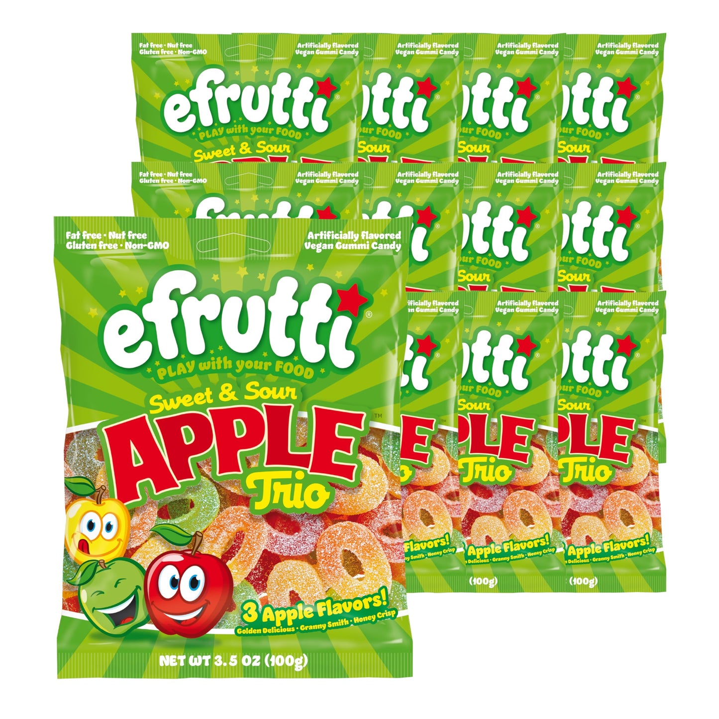efrutti Apple Rings Trio, Gummy Candy, Vegan, 12 Bags, 3.5 oz Each