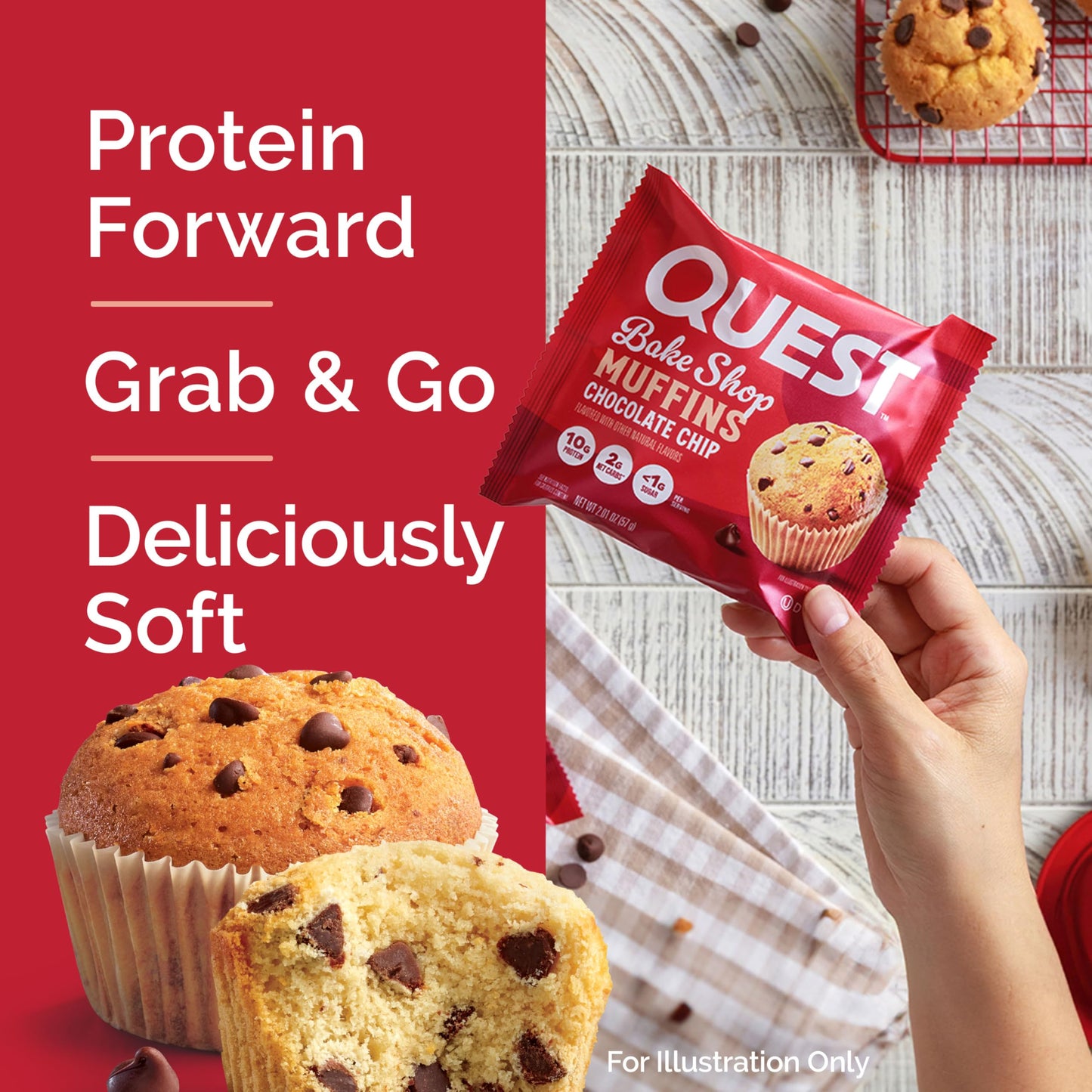 Quest Nutrition Chocolate Chip Muffin, 10g Protein, 2g Net Carb, Less than 1g Sugar, Protein Snack, 8 Count