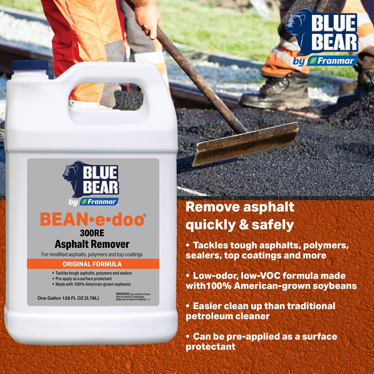 Blue Bear® 300RE BEAN•e•doo Asphalt Remover - Soy-Based, Biodegradable Cleaner & Protectant - Removes Tough Asphalt, Polymers, Sealers, Top Coatings