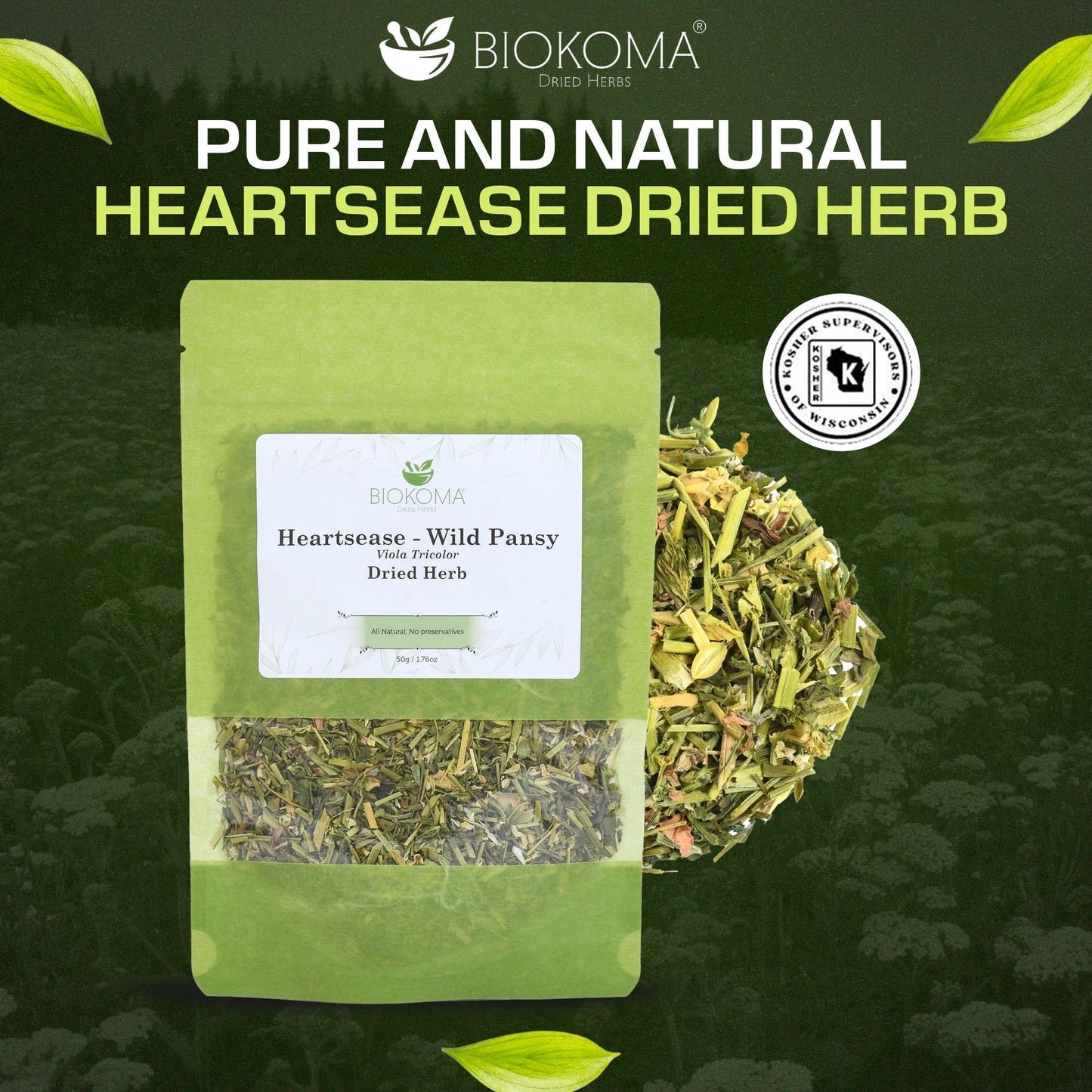 Biokoma Heartsease Wild Pansy Dried Herb 50g 1.76oz Viola Tricolor Herbal Tea Natural Detox Healthy Skin Support Respiratory Boost Resealable No