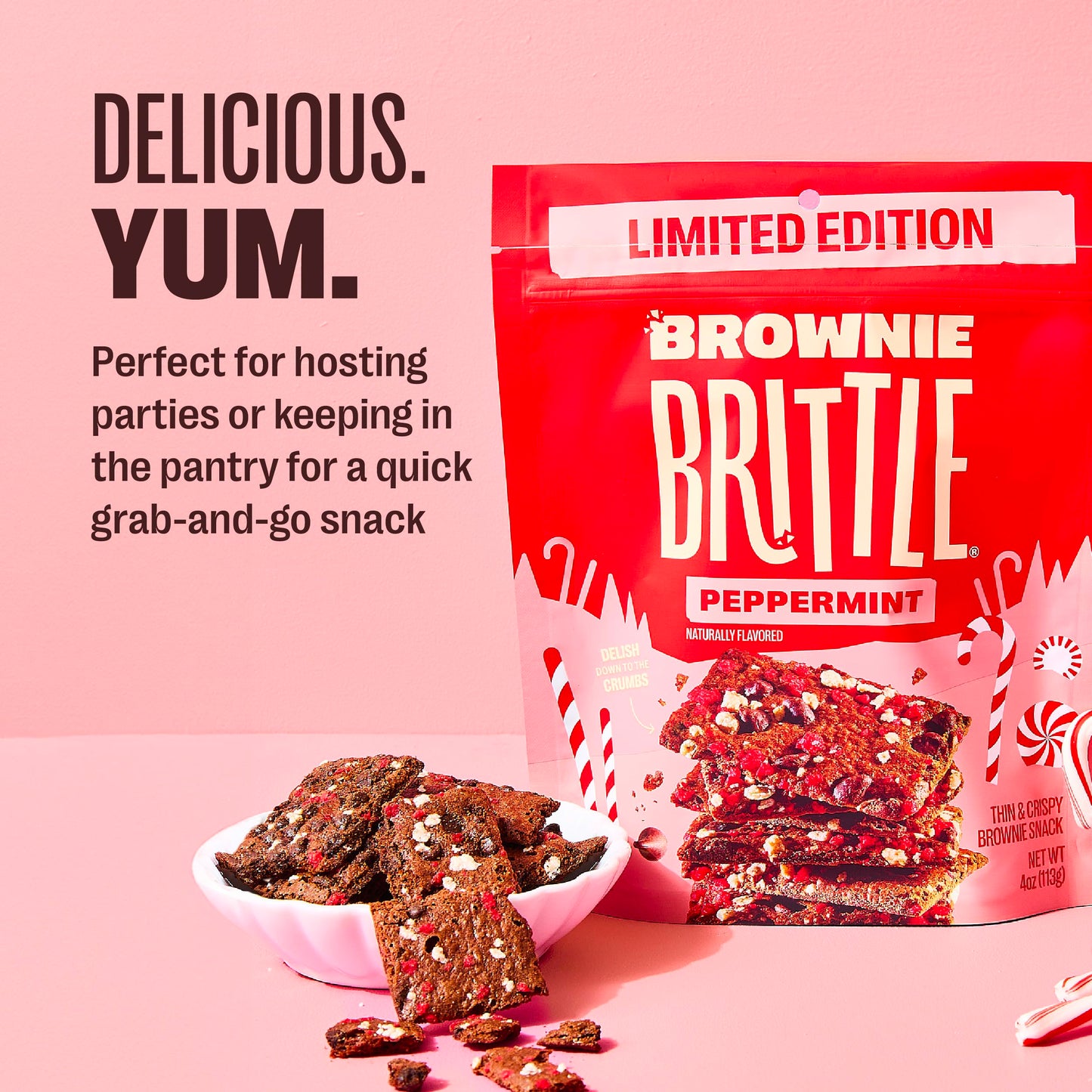 Brownie Brittle - Chocolate Chip Peppermint Thin and Crispy Sweet Snacks (Pack of 3, 4 oz), Rich Gourmet Brownie Bites Dessert