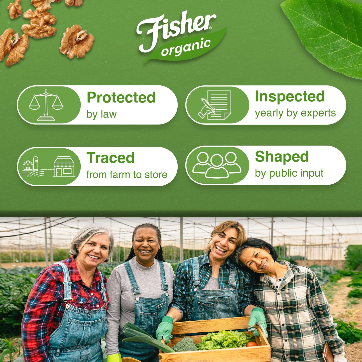 Fisher Organic Walnut Halves & Pieces 16 oz, USDA Certified Organic Nuts, Unsalted California Grown, Non-GMO, No Preservatives, Walnuts for Baking