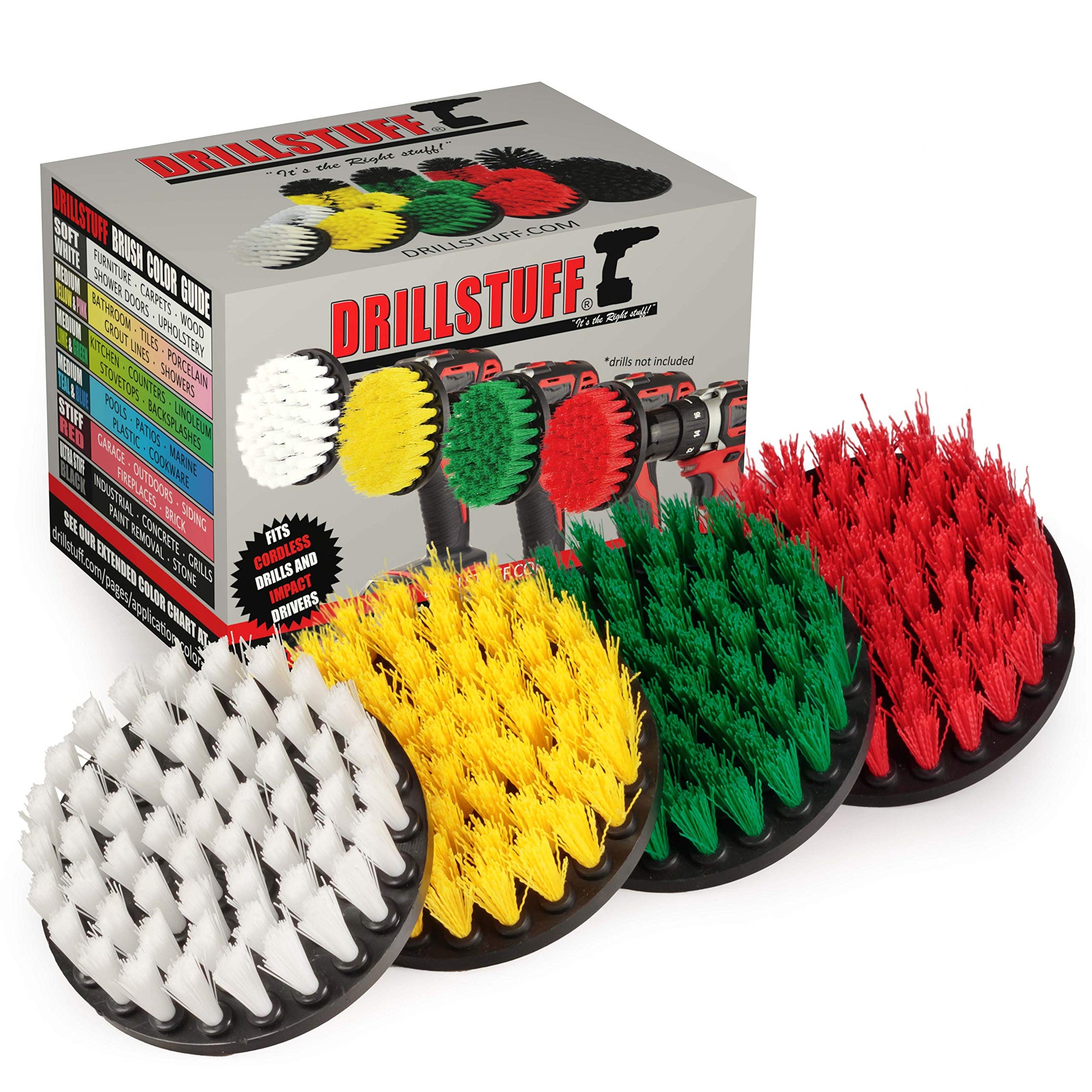 Drill Brush Attachment Power Scrubber Brush Set - 4in 4 Piece Soft, Medium and Stiff Power Scrubbing Brushes Drill Attachment - Spin Brushes