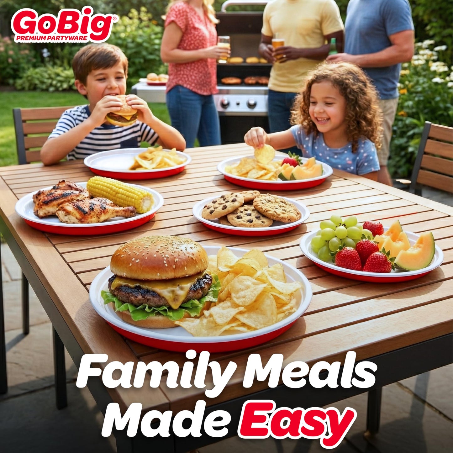 GoBig Red Plastic Disposable Plates - 30 Count 10 Inch - Round Heavy Duty Red Cup Party Plates