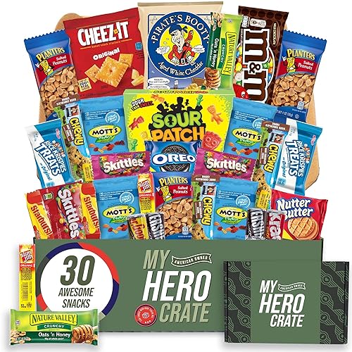 Military Small Snack Box ( 31 Piece Variety Gift Basket Care Package ) Chips, Candy, Peanuts, Popcorn, Cookies, Gummy Snacks, Chocolates and More - My