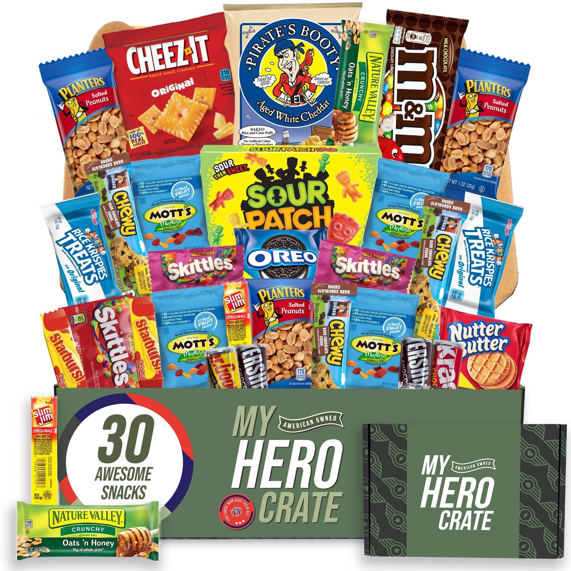 Military Small Snack Box ( 31 Piece Variety Gift Basket Care Package ) Chips, Candy, Peanuts, Popcorn, Cookies, Gummy Snacks, Chocolates and More - My