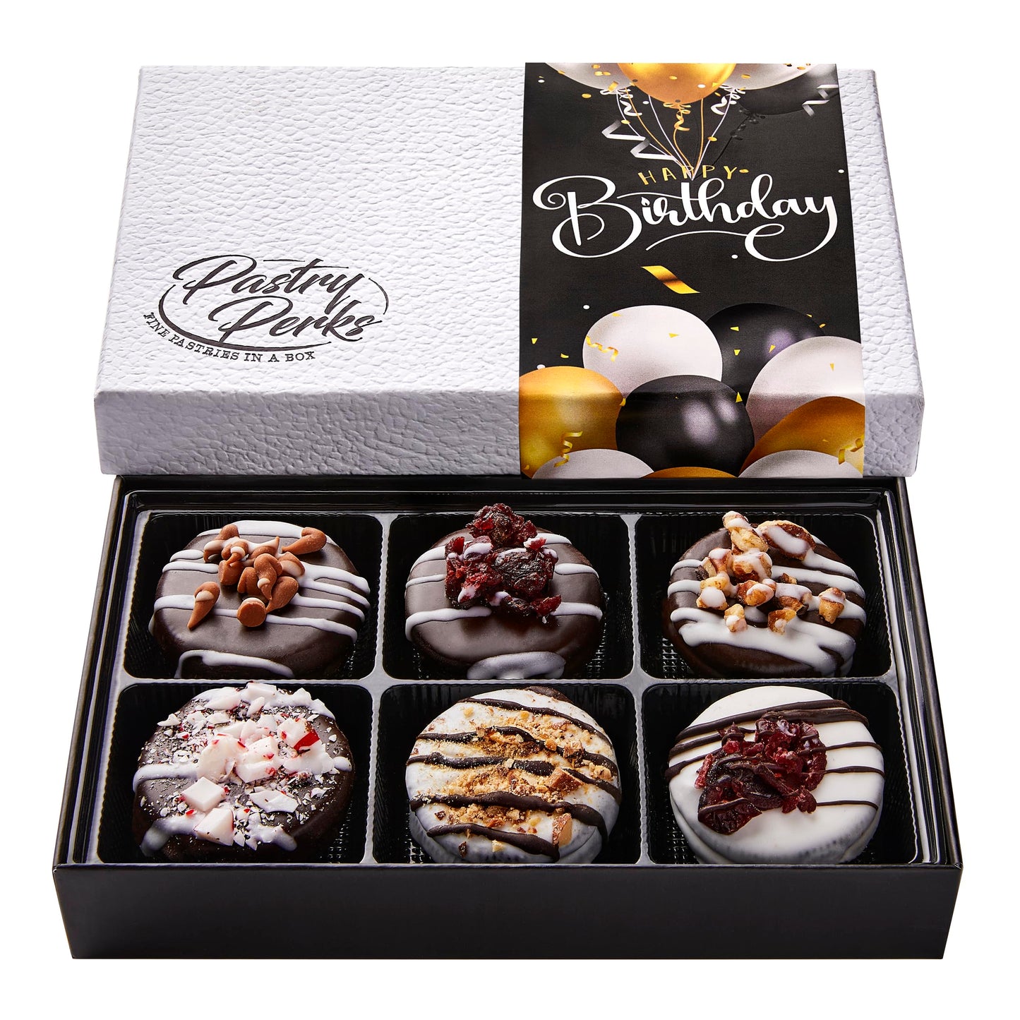 Pastry Perks Happy Birthday Gift Basket -6 Gourmet Chocolate-Covered Cookies, Sweet Celebration Treats for Men, Women, and Grandma - Food Delivery