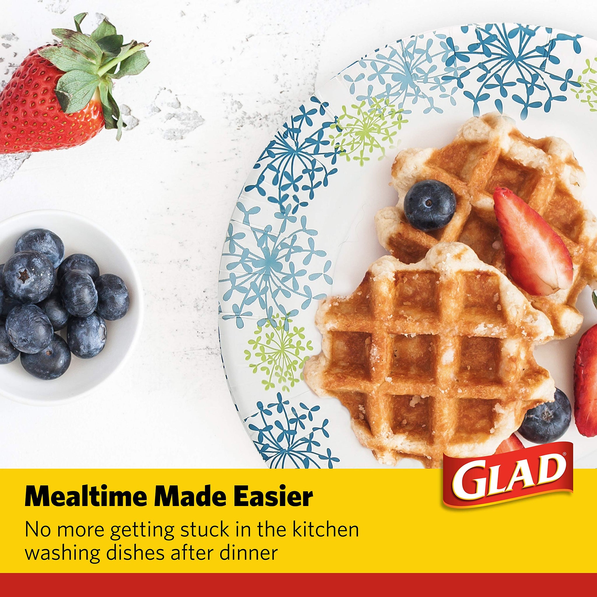 Glad Everyday Round Paper Plates, Blue Hydrangea Print Disposable Dinner Plates for Meals and Parties, Soak Proof and Cut Resistant, Microwave Safe