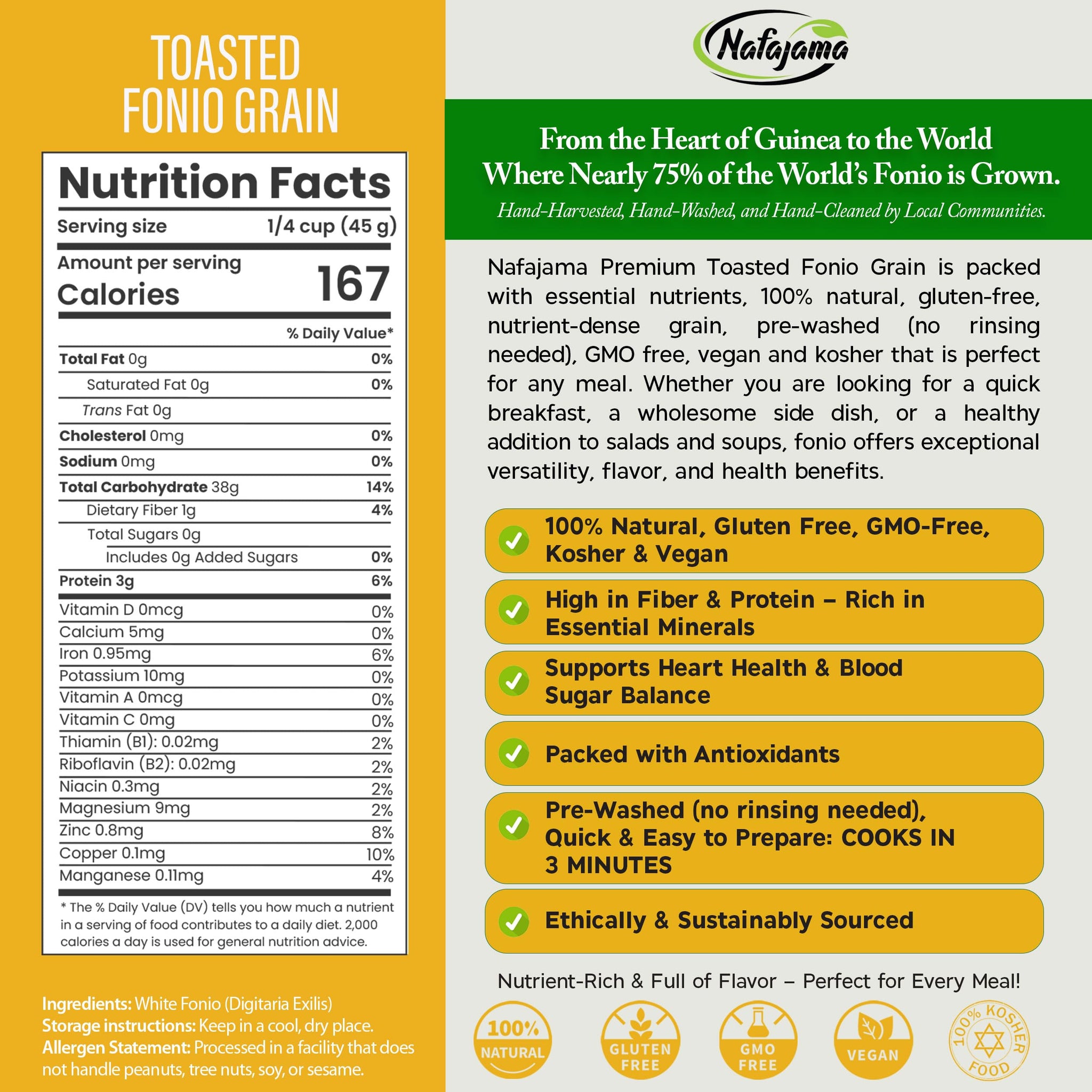 Nafajama Premium Gluten-Free Toasted Fonio Grain | Ancient African Super- grain| All-Natural, Non-GMO, Vegan, High-Fiber Superfood (1 Pallet (20 Bags, 110 lb / 50 kg each)