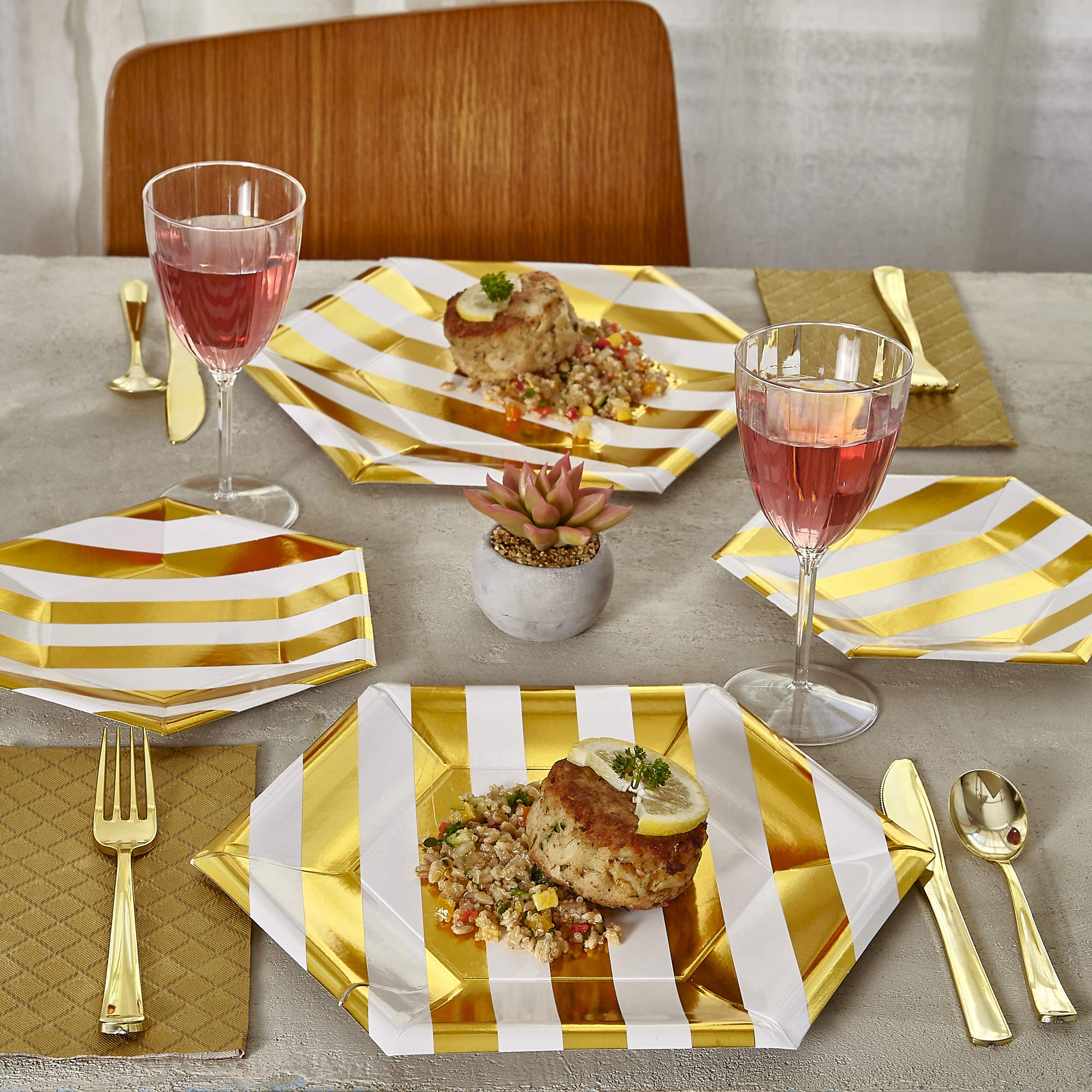 SILVER SPOONS DISPOSABLE SIDE PLATES | 24 pc | made of Heavyweight Paper Materials | Stripe - Gold | 7.5"