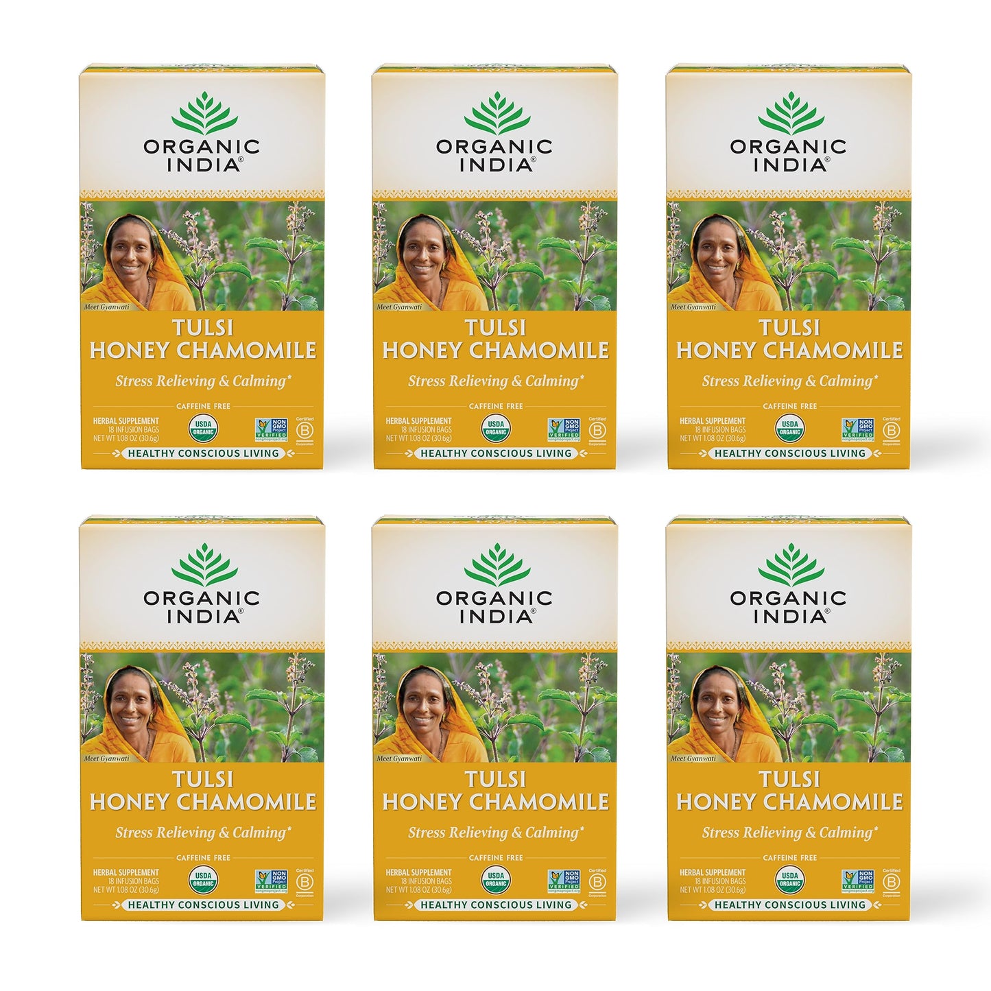 Organic India Tulsi Honey Chamomile Tea Bags - Herbal Tea for Stress Relieving & Calming, Immune Support, Adaptogen, Gluten-Free, USDA Certified