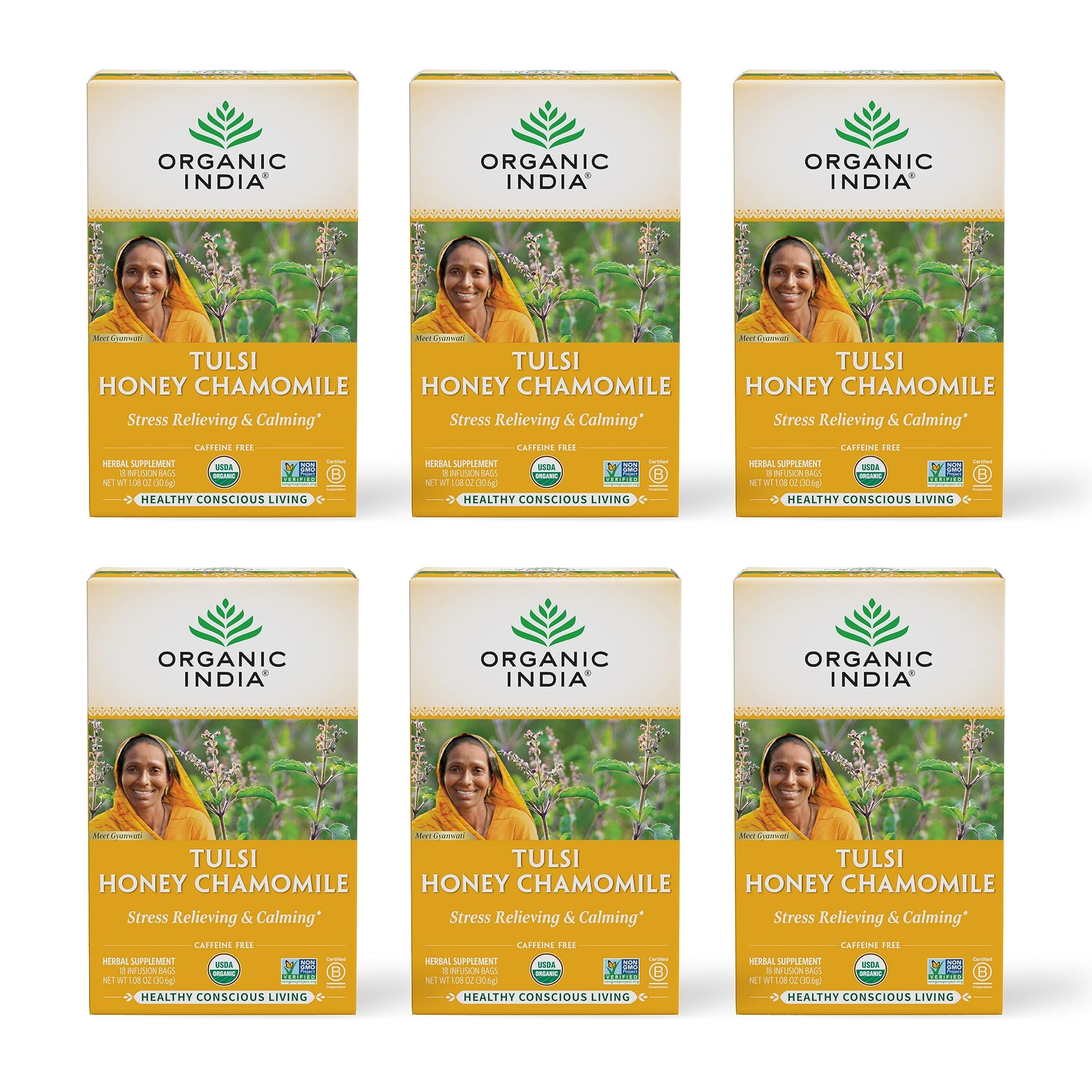 Organic India Tulsi Honey Chamomile Tea Bags - Herbal Tea for Stress Relieving & Calming, Immune Support, Adaptogen, Gluten-Free, USDA Certified