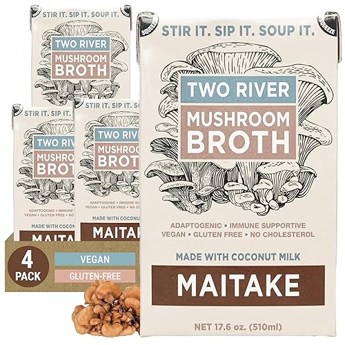 Two River Maitake Mushroom Broth | Organic Vegan Bone Broth Alternative, Creamy Coconut Curry Sipping Drink for Soup & Curries | Plant Based Gluten