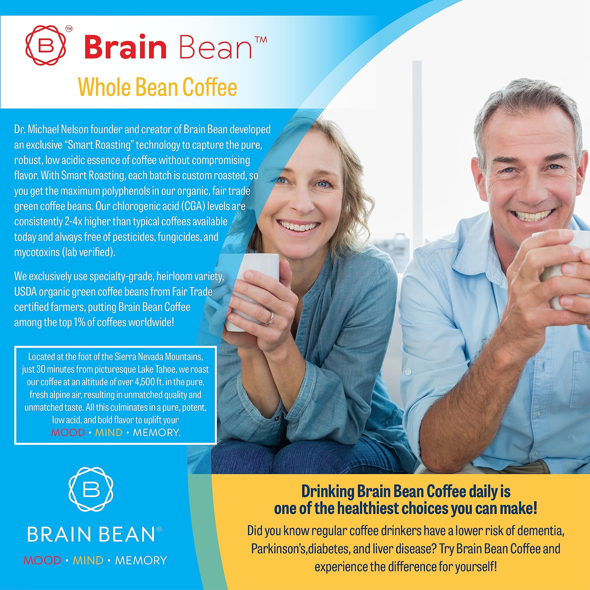 Brain Bean Organic Coffee - Smooth Taste & Rich Medium Roast - High Antioxidant & USDA certified organic for Cognitive Support, Mood Enhancement