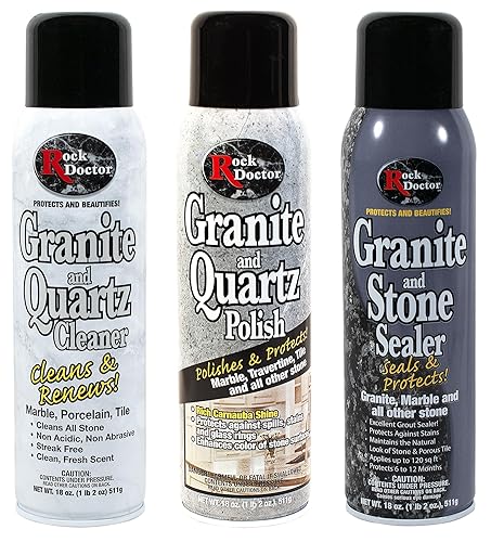 Rock Doctor Granite & Quartz Care Kit, 3 Piece Maintenance Stone Care Combo Kit - Cleans & Renews Marbel, Travertine, Tile and All Other Stone, Fresh