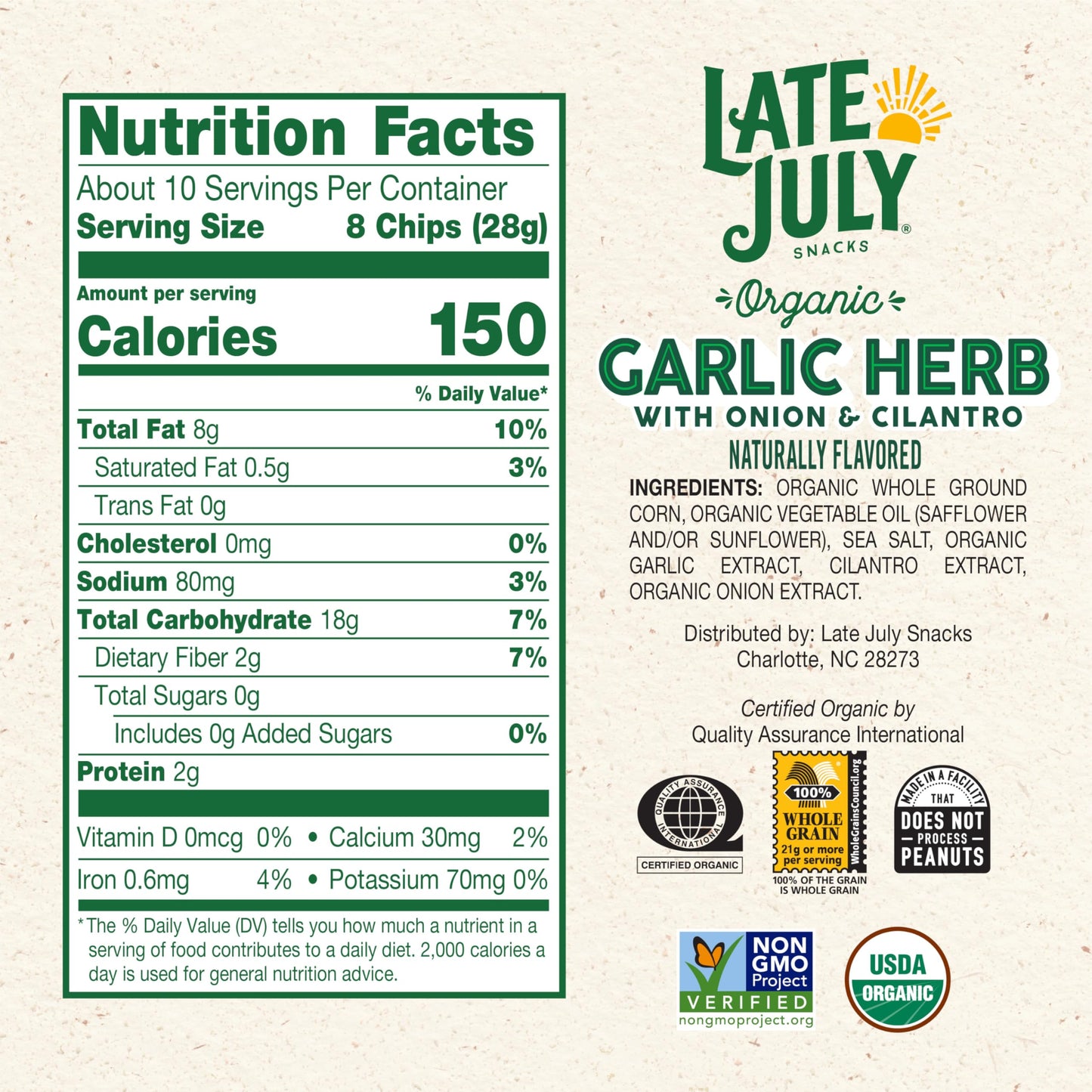 Late July Garlic Herb Organic Tortilla Chips, 10.1 Oz Bag