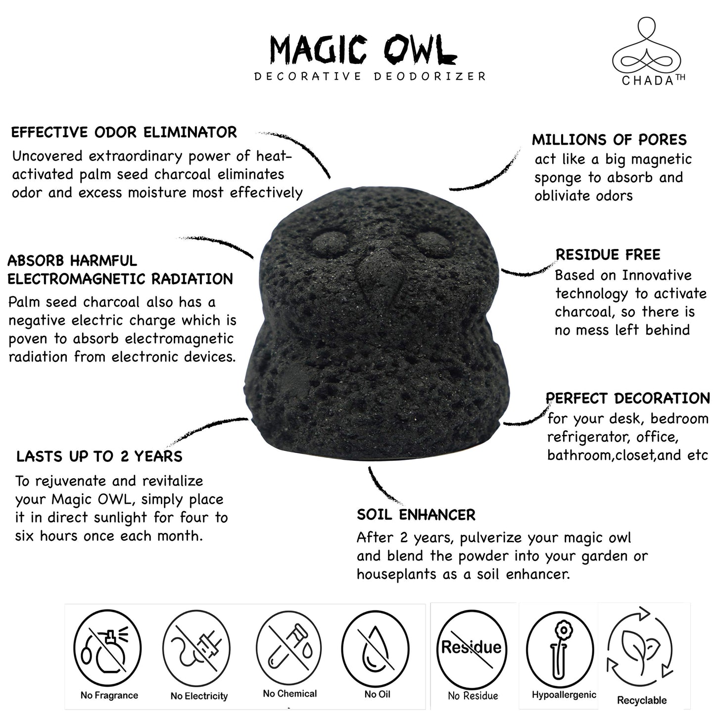 Chada Magic Owl Activated Charcoal Deodorizer - Natural Odor Eliminator, No Chemicals, Absorbs Smoke, 270g