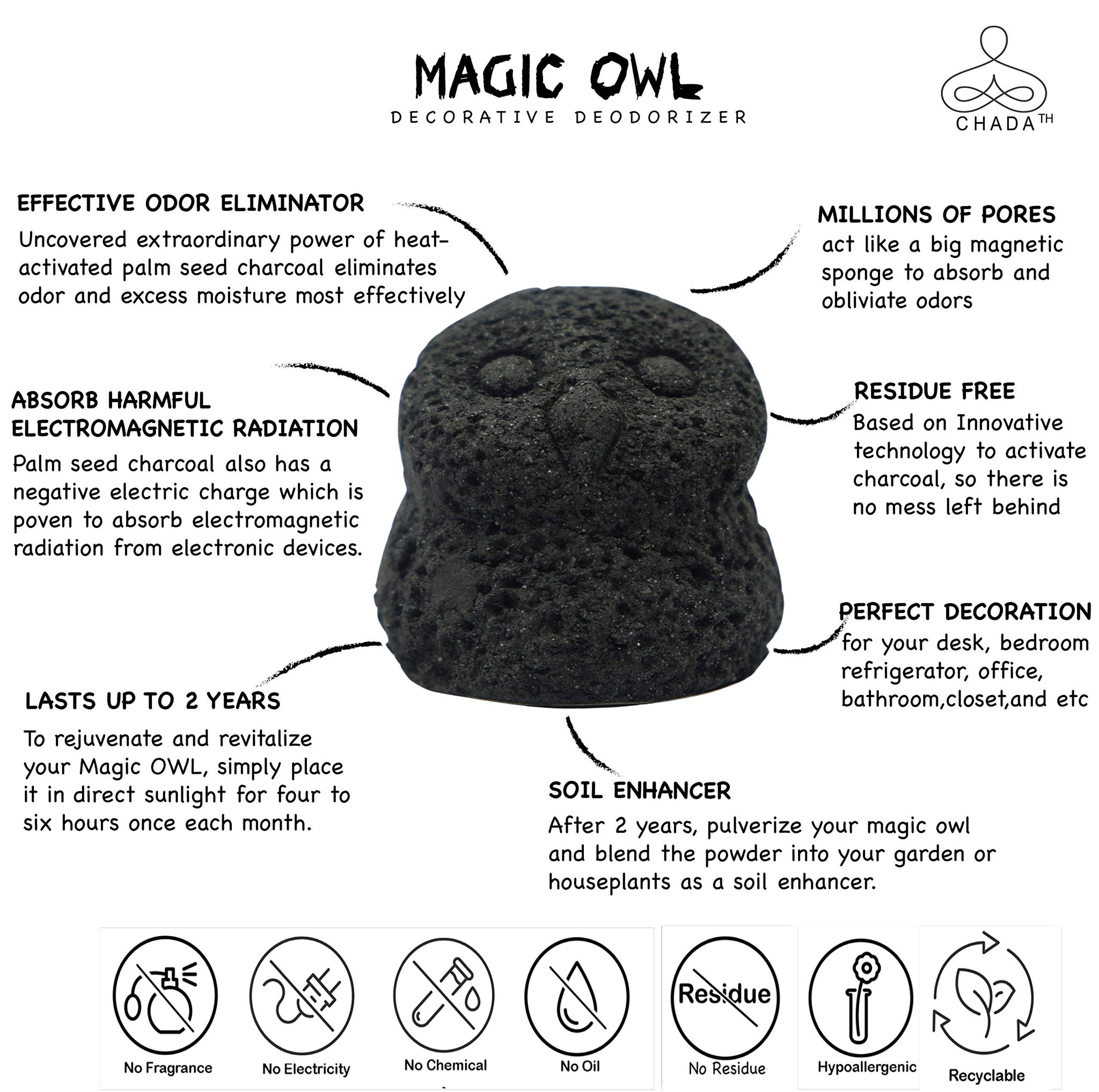 Chada Magic Owl Activated Charcoal Deodorizer - Natural Odor Eliminator, No Chemicals, Absorbs Smoke, 270g