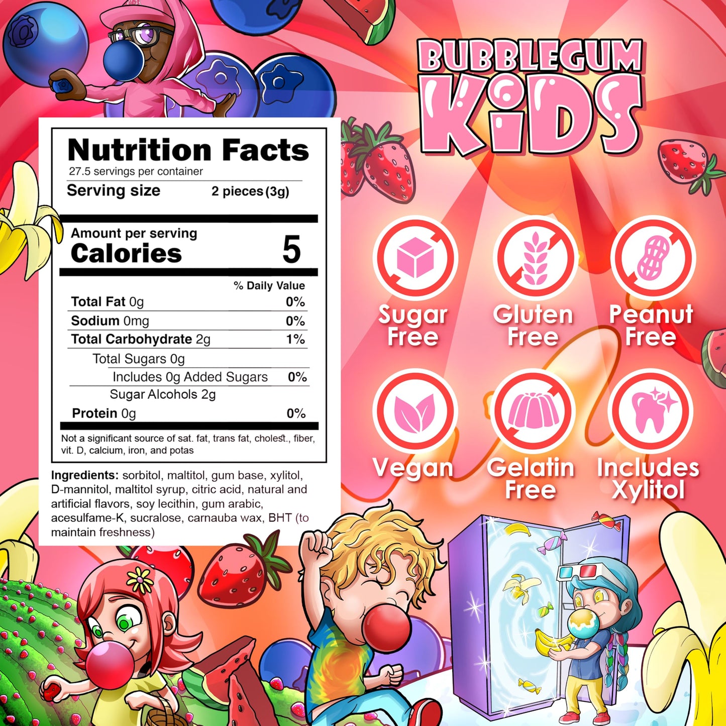 Bubblegum Kids Daisy's Strawberry Field Sugar Free Gum | Strawberry Flavor Sugarless Gum with Xylitol | Low Calorie Candy Alternative for Kids