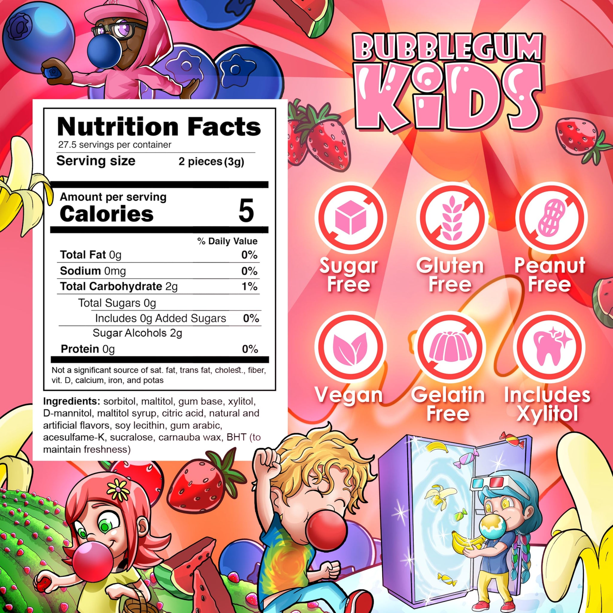 Bubblegum Kids Daisy's Strawberry Field Sugar Free Gum | Strawberry Flavor Sugarless Gum with Xylitol | Low Calorie Candy Alternative for Kids
