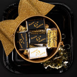 45th Birthday Miniatures Candy Bar Wrapper, (Set of 60) Mini Candy Bar Stickers; 3 Designs: 24 Gold, 24 Black, 12 White, Candy Not Included. Made in