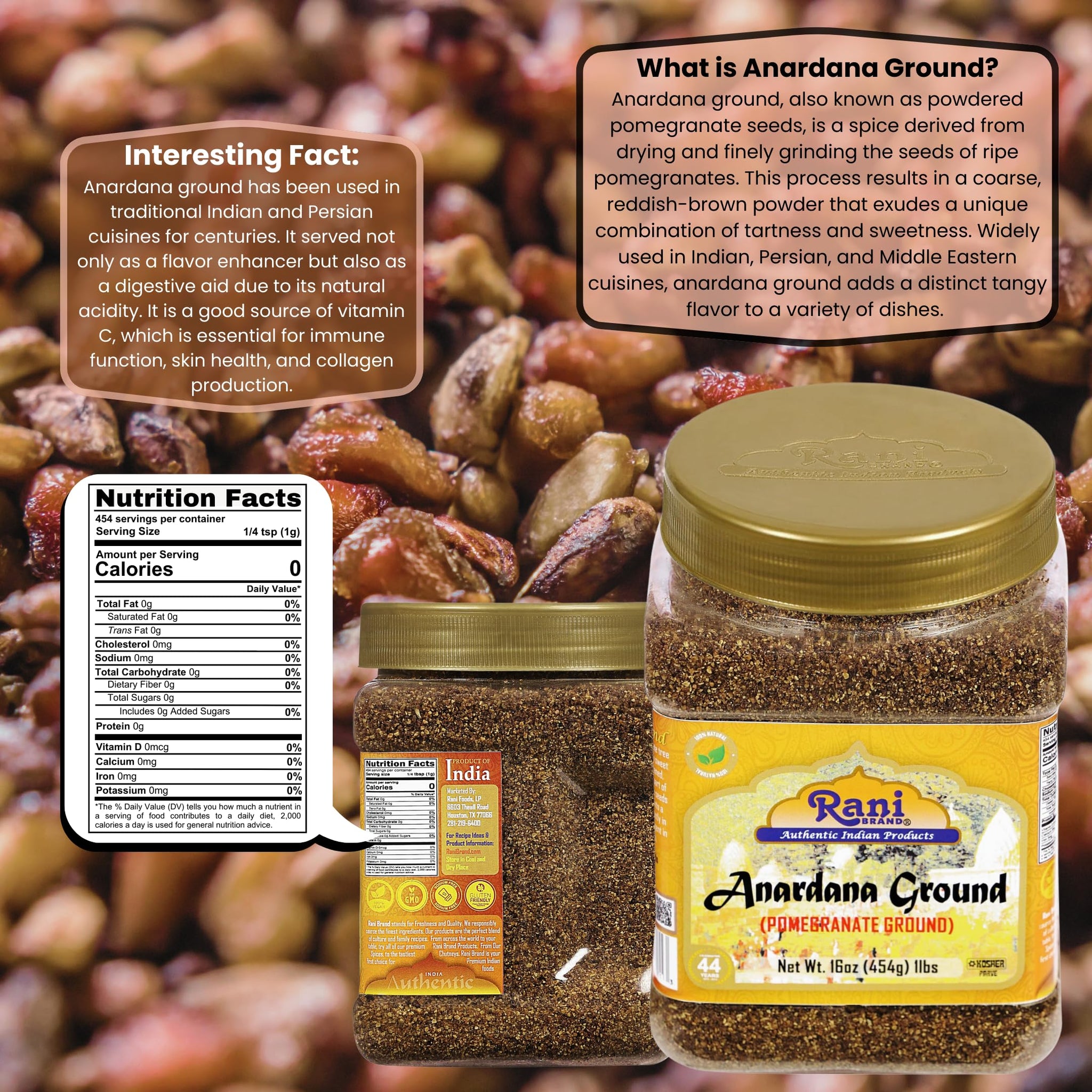 Rani Anardana (Pomegranate) Ground, Indian Spice 16oz (1lb) 454g PET Jar ~ All Natural | No Color | Gluten Friendly | Vegan | NON-GMO | Kosher | No