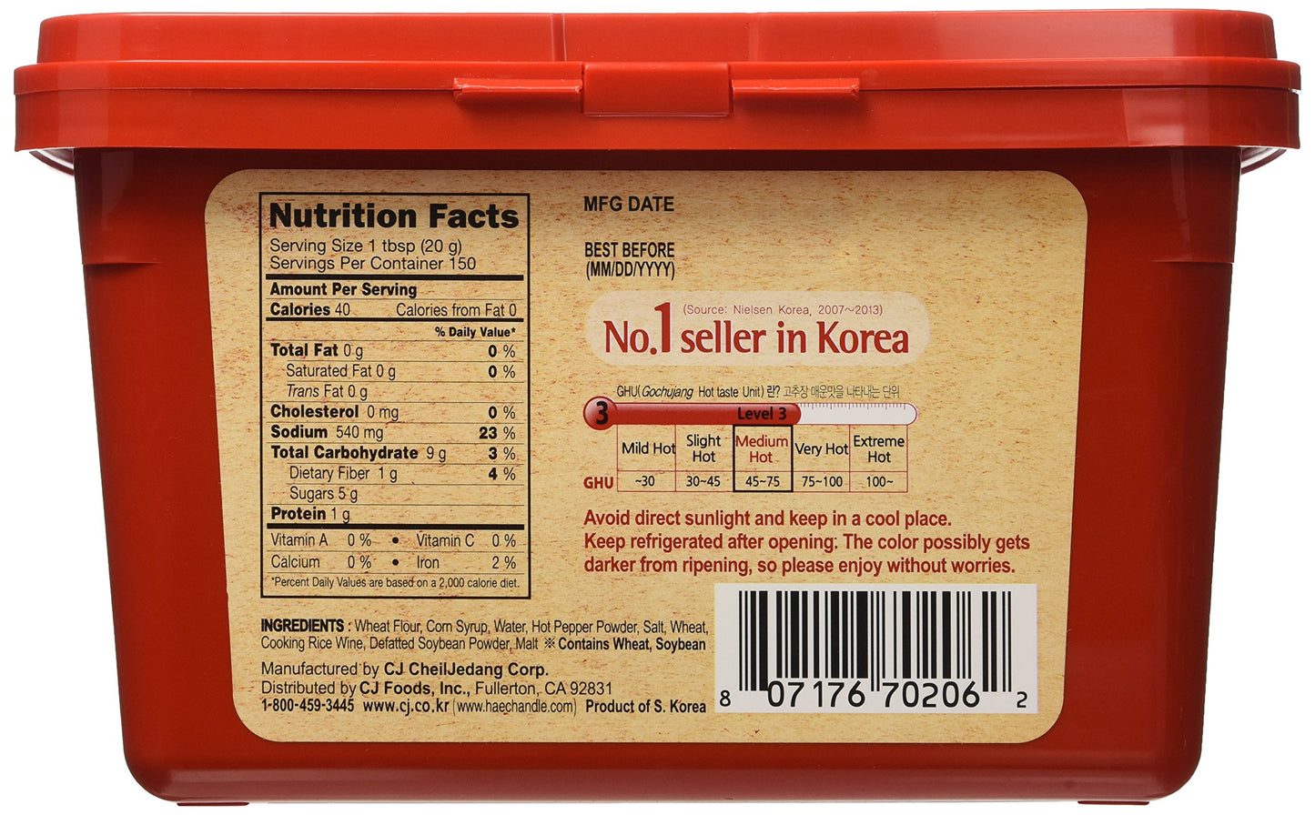 CJ Haechandle Korean Hot Pepper Paste Gochujang, 6.6-Pounds Container
