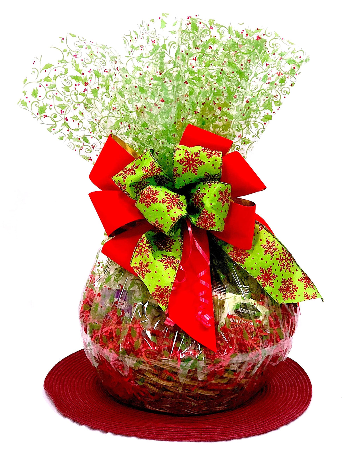 Hand-Crafted 33 Piece customizable chocolate gift basket of gourmet chocolates, cookies, and crunches. Tasty treats selected for businesses, clients