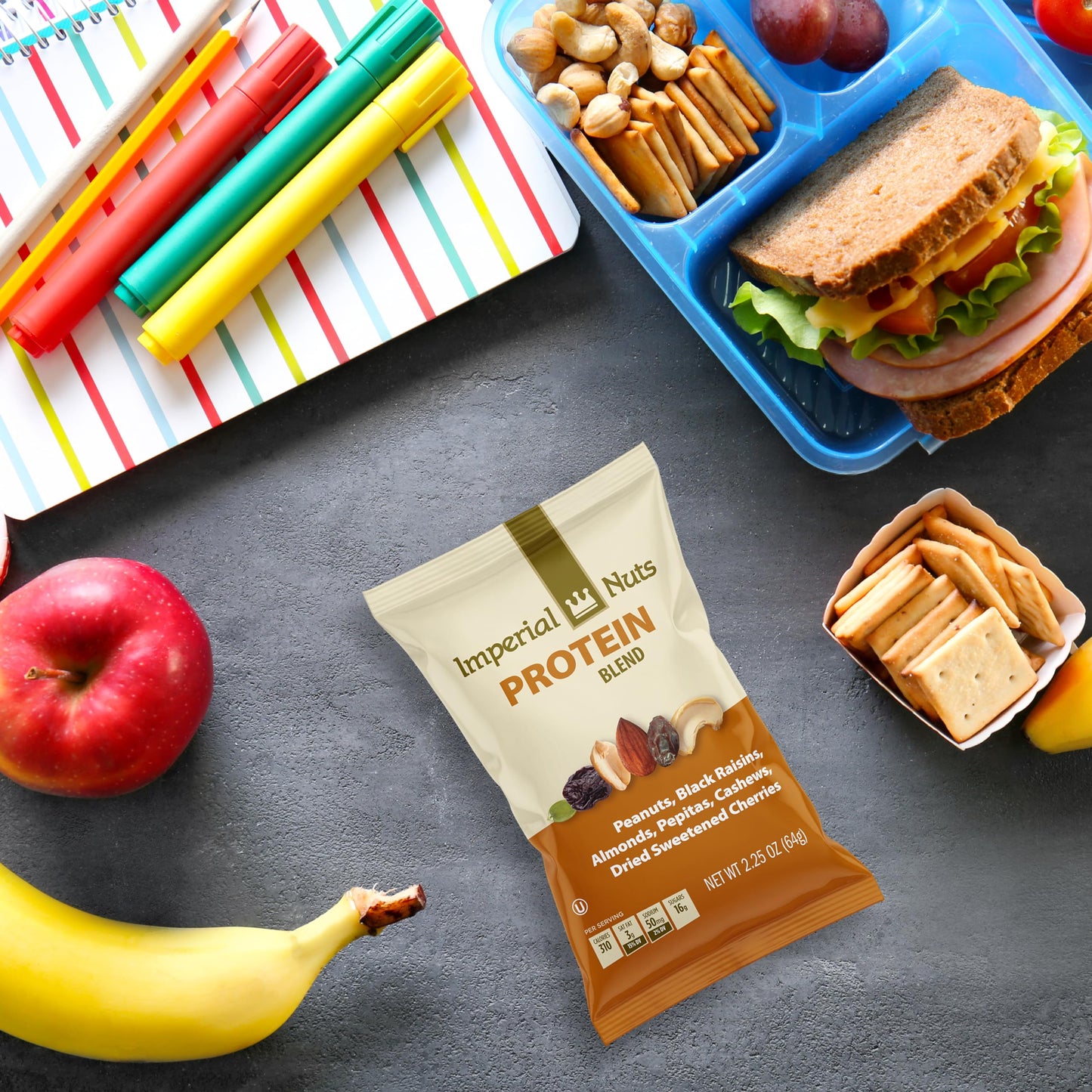 Protein Blend (18 Pack) - Peanuts, Black Raisins, Almonds, Pepitas, Cashews, Dried Sweetened Cherries, 2.25 oz - High Protein, Healthy Snack Mix