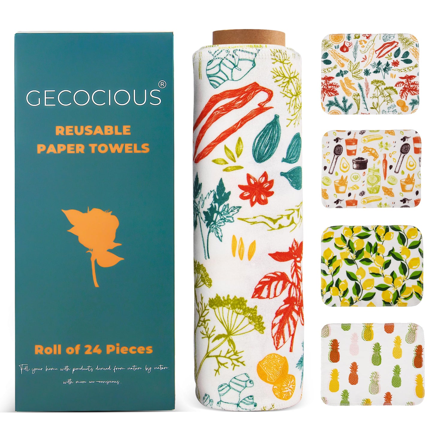 Gecocious Reusable Paper Towels Washable Roll of 24 Paperless Kitchen Cotton Cloth - Super Soft Zero Waste Paper Towel Replacement