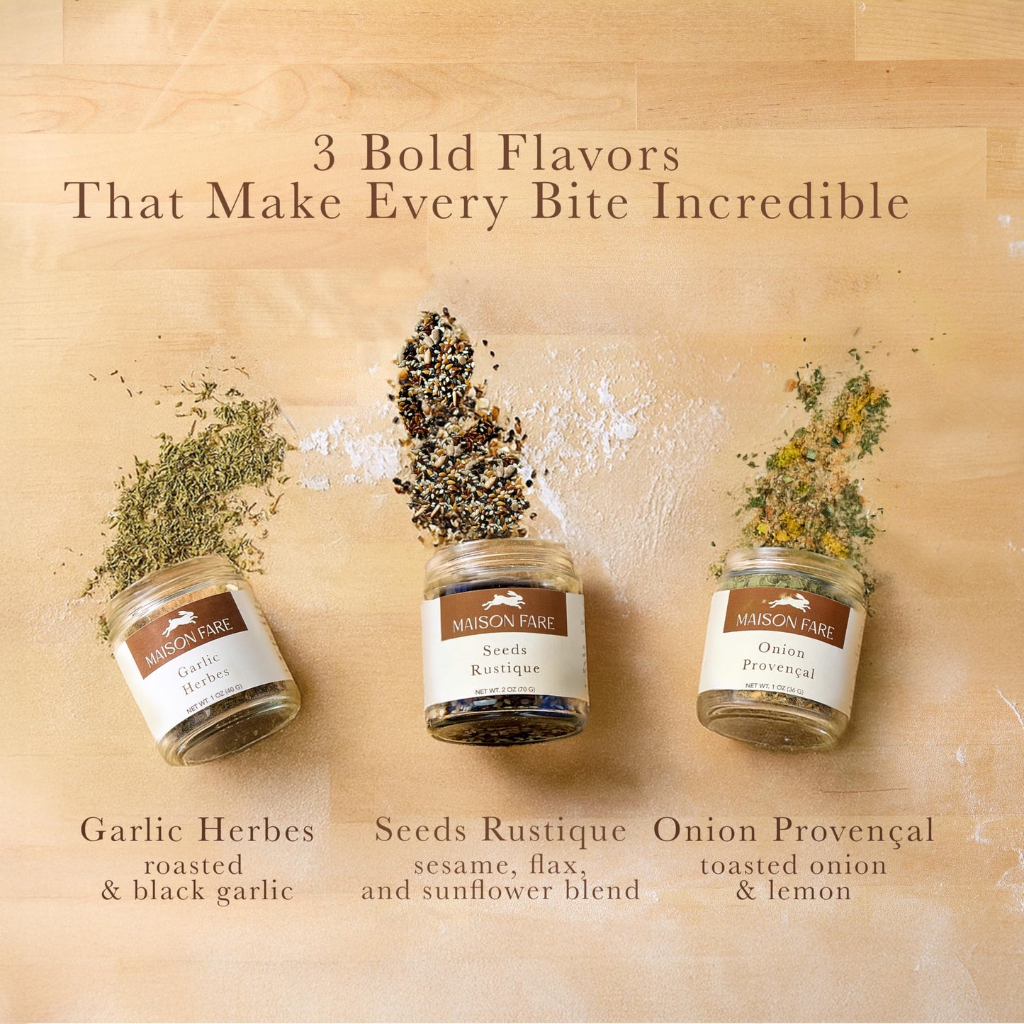 Set of 3 Artisan Bread Seasoning Mixes - Garlic Herbs with Black Garlic, Seed Blend, and Toasted Onion With Lemon | Seasoning Blends for Bread Dough