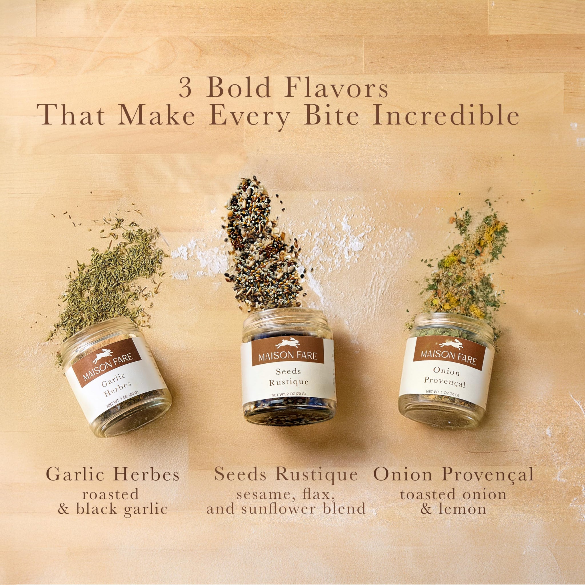 Set of 3 Artisan Bread Seasoning Mixes - Garlic Herbs with Black Garlic, Seed Blend, and Toasted Onion With Lemon | Seasoning Blends for Bread Dough