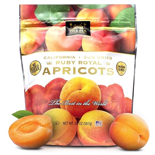 Traina Home Grown California Sun Dried Ruby Royal Apricots - Healthy, No Sugar Added, Non GMO, Gluten Free, Kosher Certified, Vegan, Value Size (20