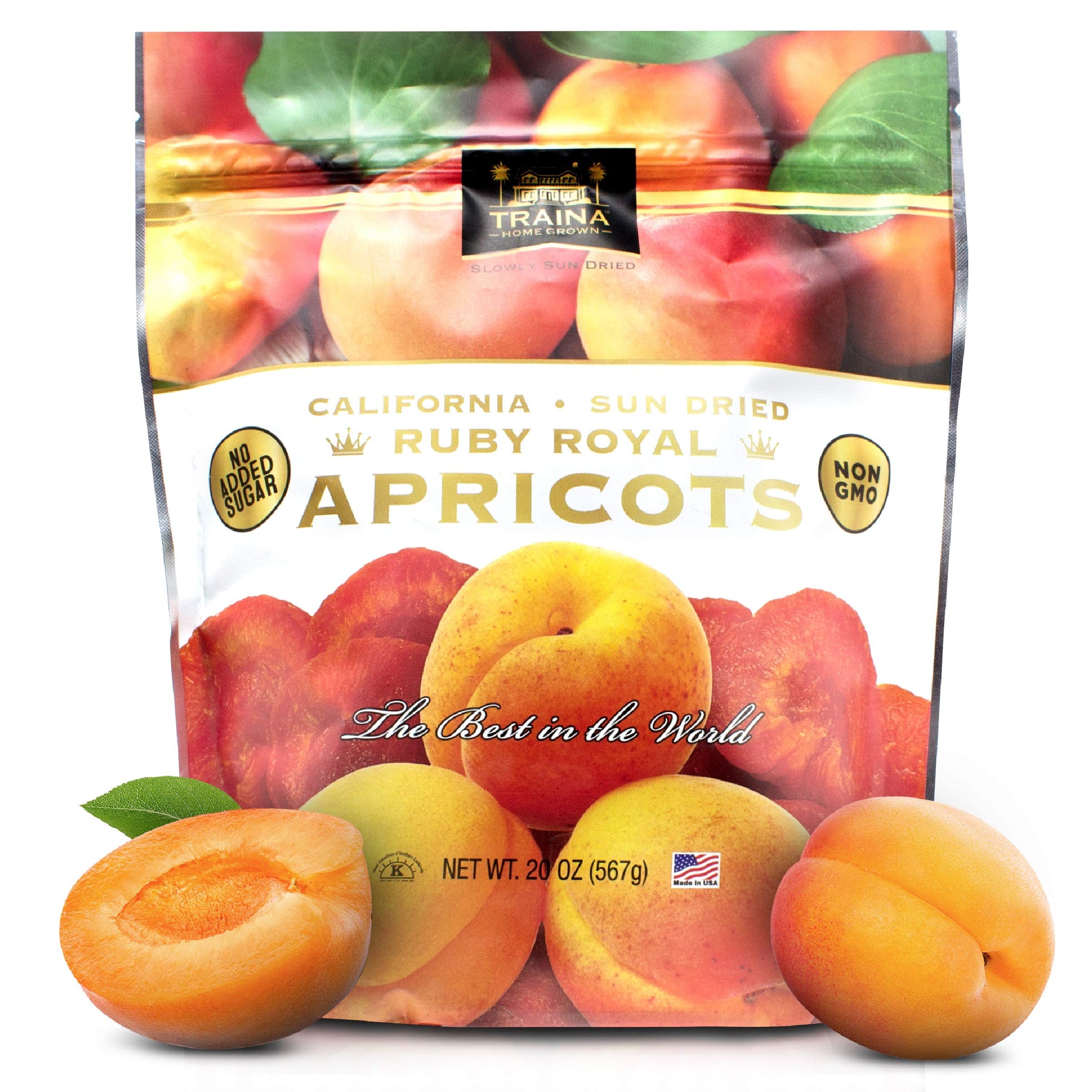 Traina Home Grown California Sun Dried Ruby Royal Apricots - Healthy, No Sugar Added, Non GMO, Gluten Free, Kosher Certified, Vegan, Value Size (20