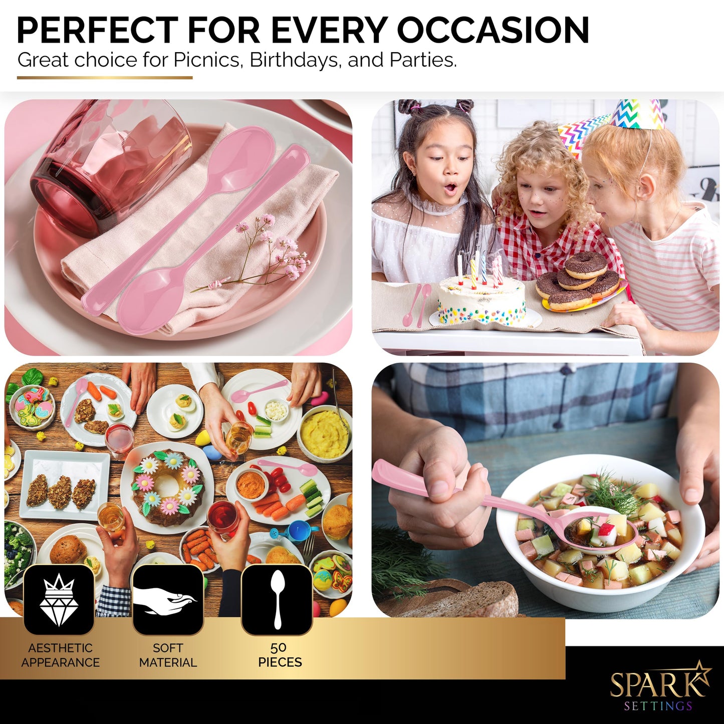 SparkSettings Disposable Plastic Cutlery - Heavy Duty Silverware, Ideal for Hot & Cold Food - 50 Pack (Pink)