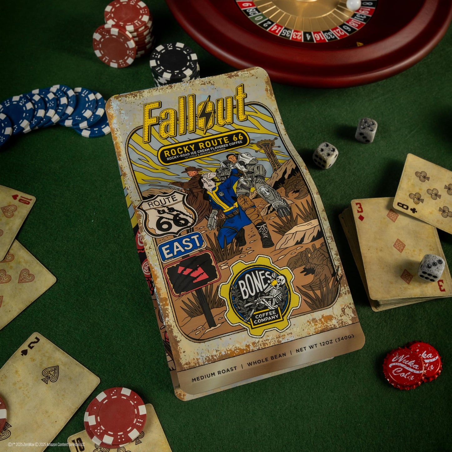 Bones Coffee Company Fallout Rocky Route 66, Rocky Road Flavored Coffee, Medium Roast Low Acid Arabica Beans Compatible with Auto drip and French