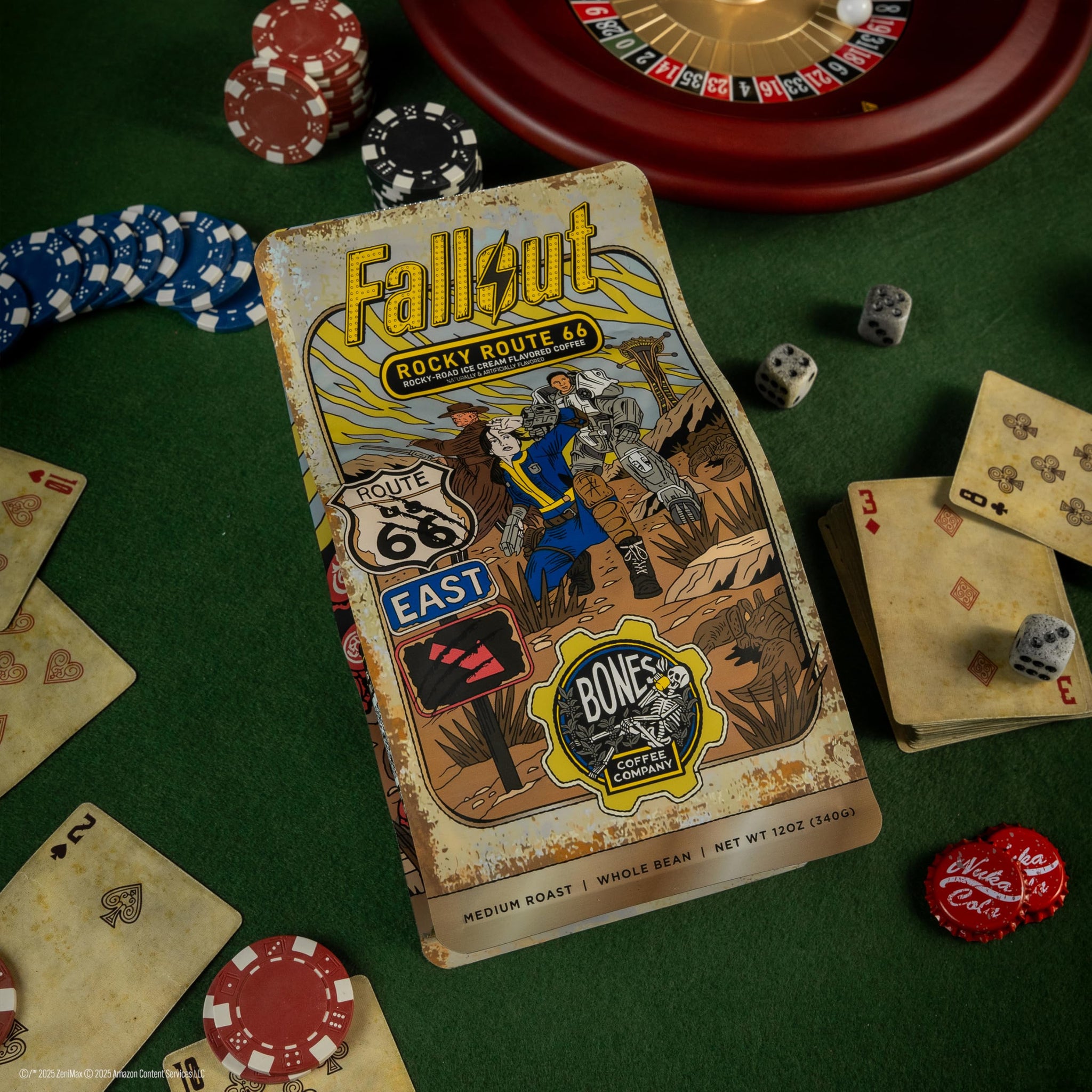 Bones Coffee Company Fallout Rocky Route 66, Rocky Road Flavored Coffee, Medium Roast Low Acid Arabica Beans Compatible with Auto drip and French