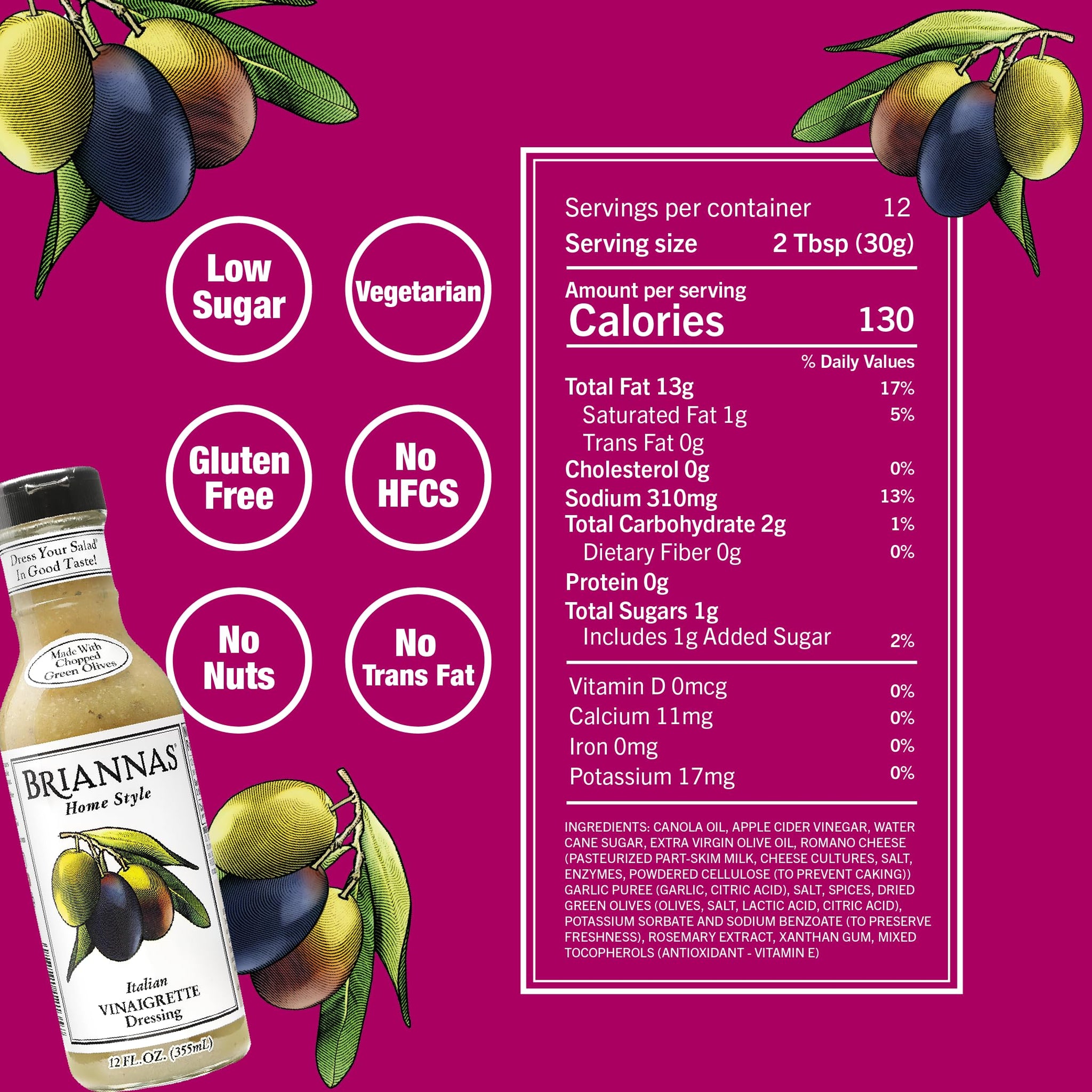 BRIANNAS - Home Style Italian Vinaigrette Dressing - Fine Salad Dressing made with Premium Ingredients - Gluten Free & Low Sugar Dressing - 12 oz