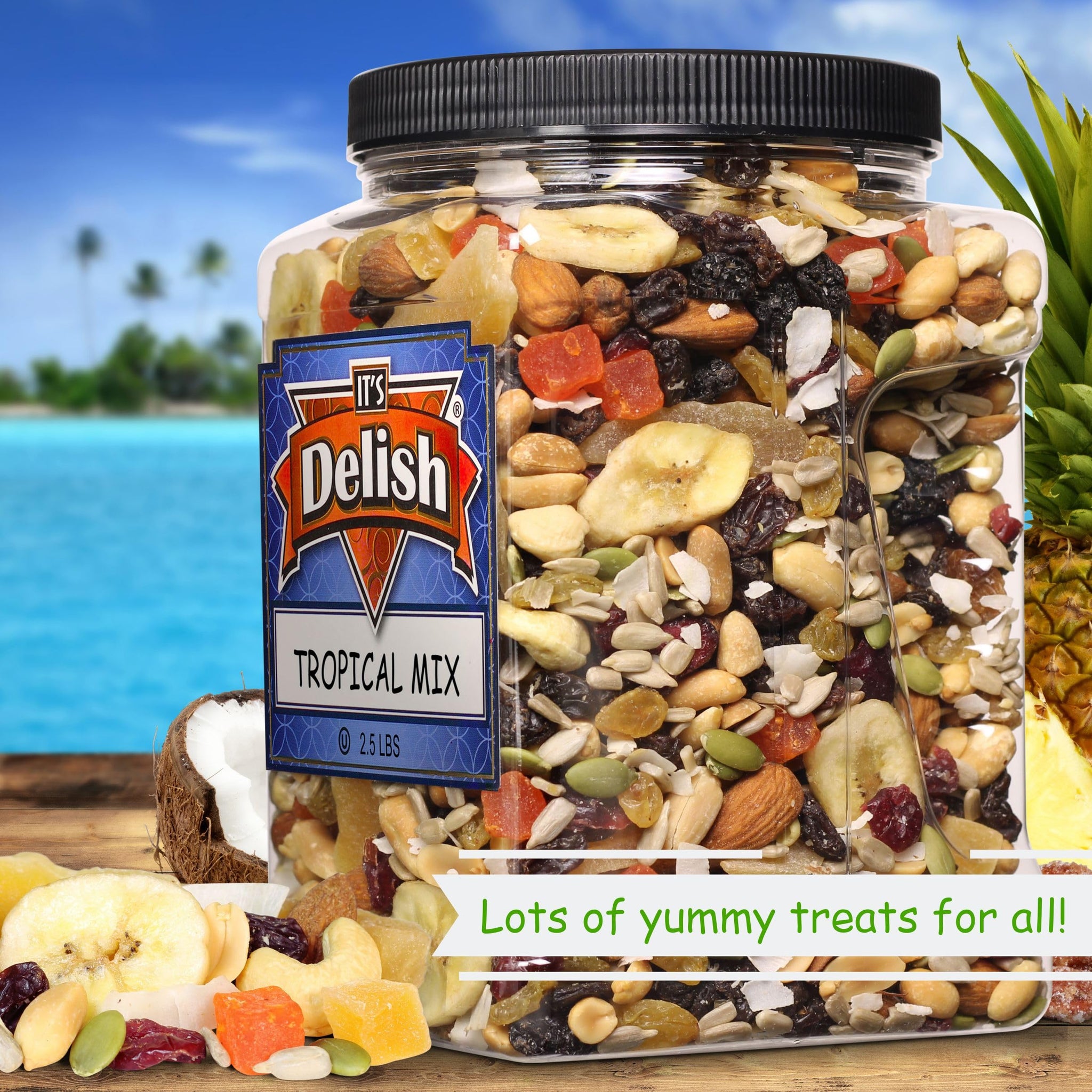 Tropical Mix - Fruit and Nut Trail Mix by It’s Delish, 2.5 lbs Jumbo Reusable Container Jar | Energy Boost Healthy Snack with Protein & Vitamins