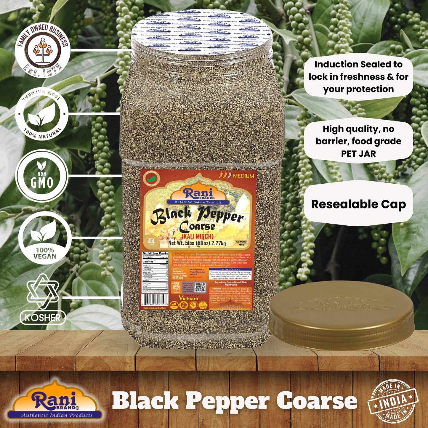 Rani Black Pepper Coarse Ground 28 Mesh (Table Grind) 80oz (5lbs) 2.27kg Bulk PET Jar ~ All Natural | Vegan | Gluten Friendly | NON-GMO | Kosher |