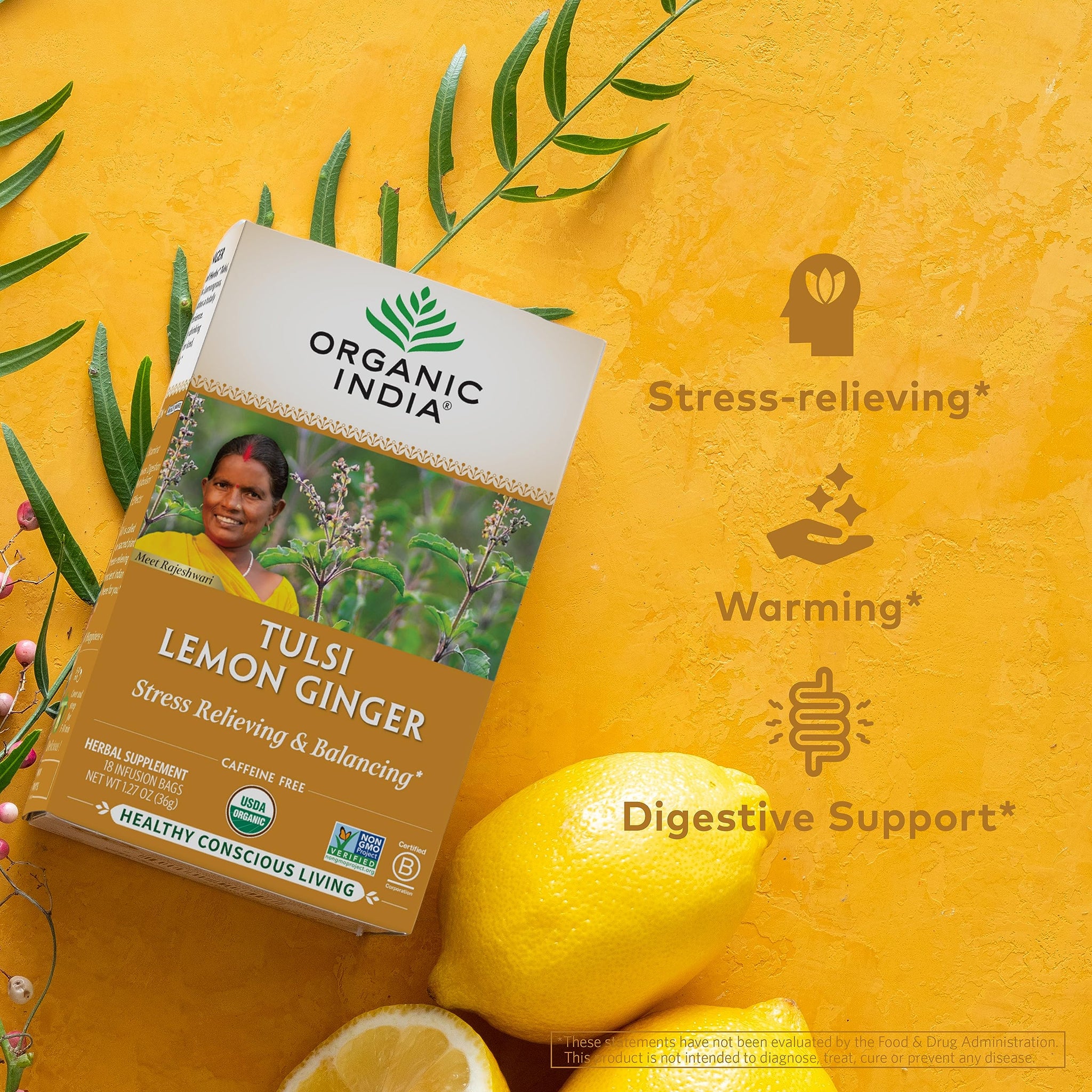 Organic India Tulsi Lemon Ginger Tea Bags - Herbal Tea, Stress Relieving & Reviving, Immune Support, Aids Digestion, Vegan, USDA Certified Organic